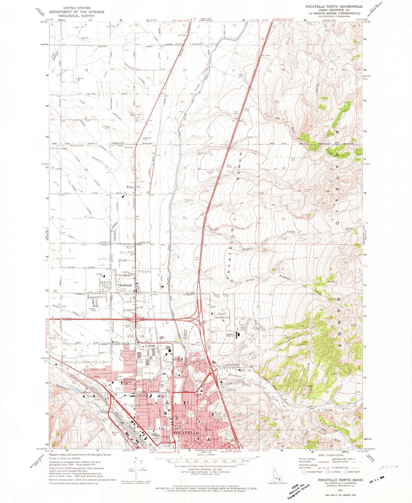 Classic USGS Pocatello North Idaho 7.5'x7.5' Topo Map Image