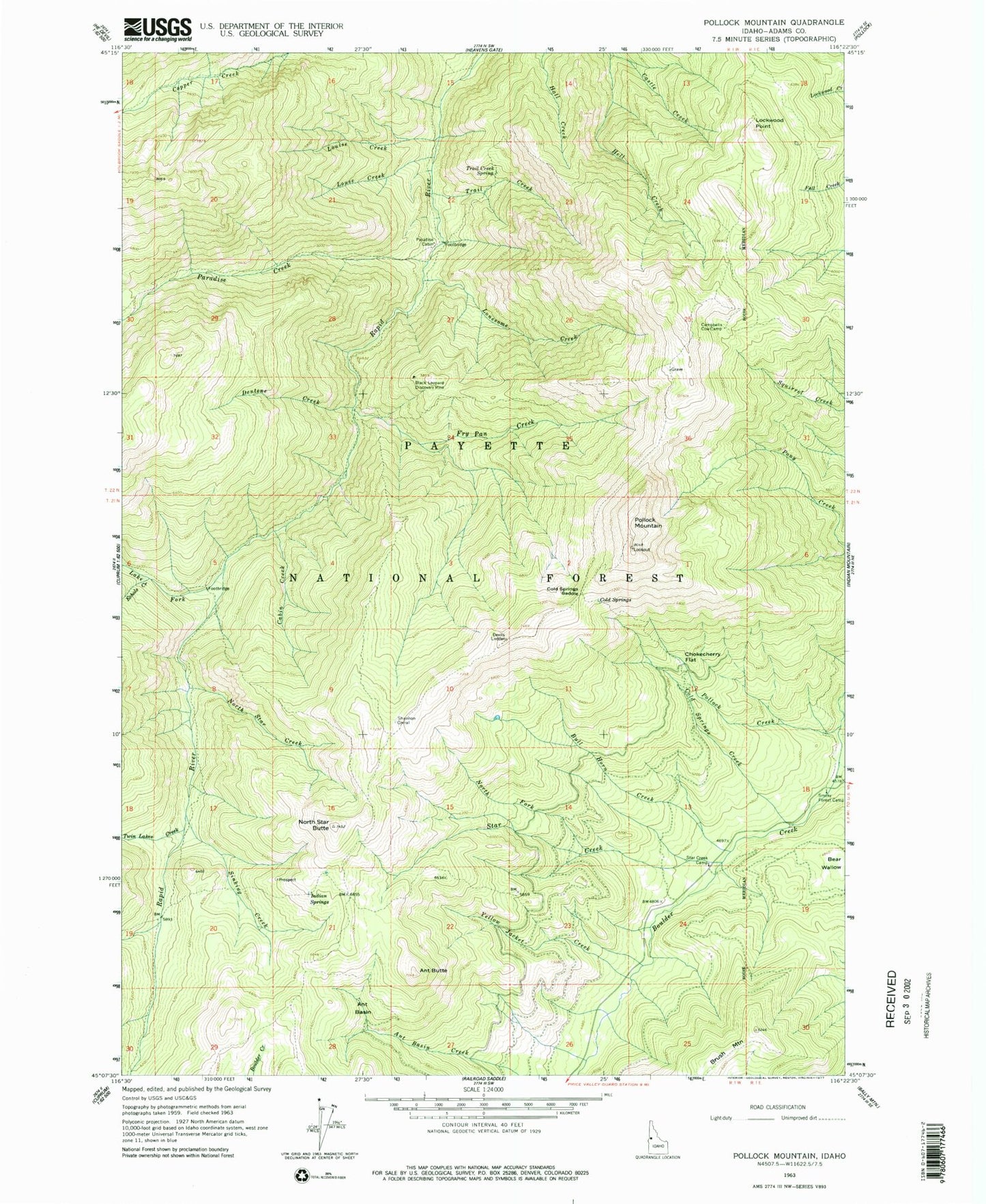 Classic USGS Pollock Mountain Idaho 7.5'x7.5' Topo Map Image