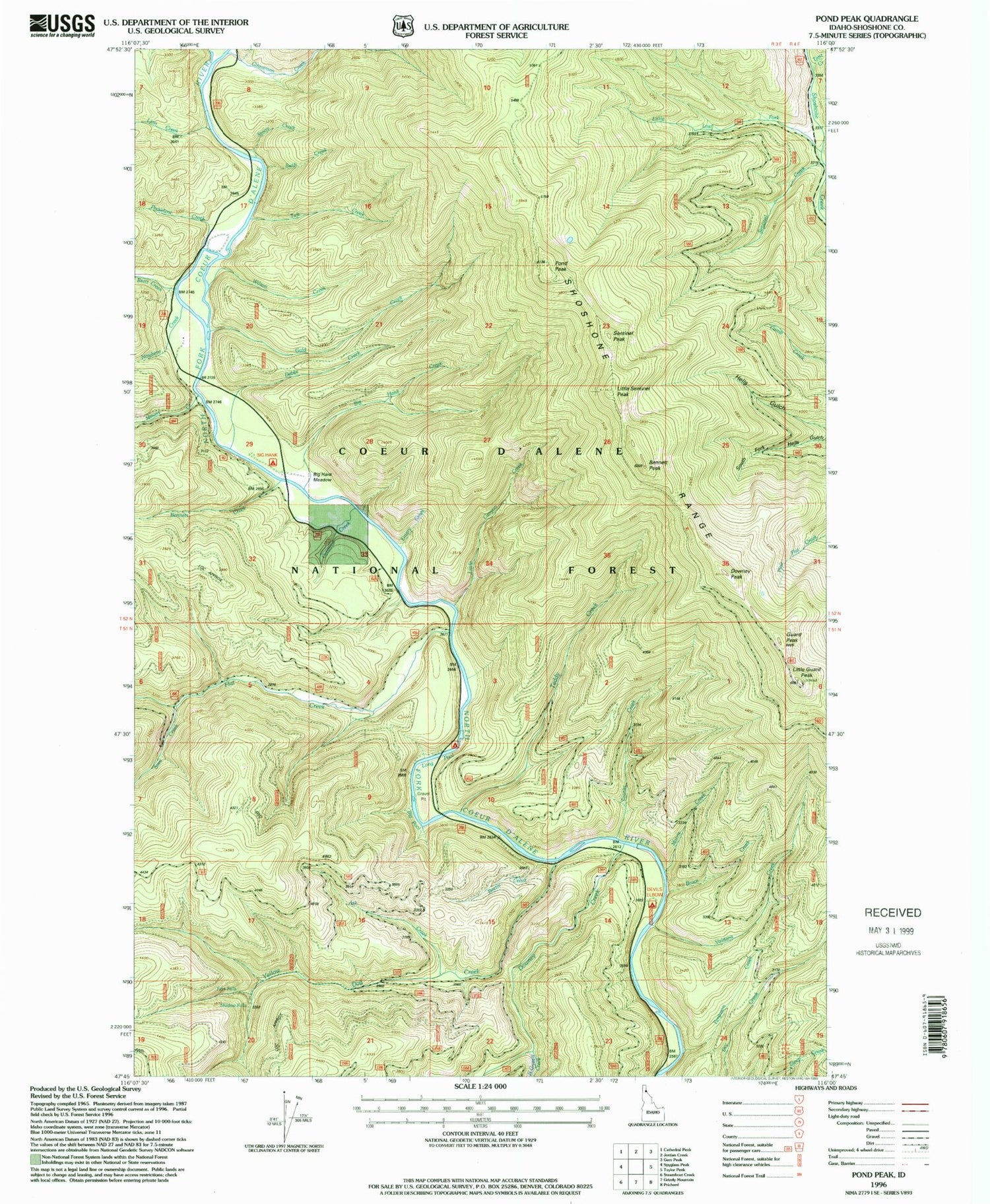 Classic USGS Pond Peak Idaho 7.5'x7.5' Topo Map Image