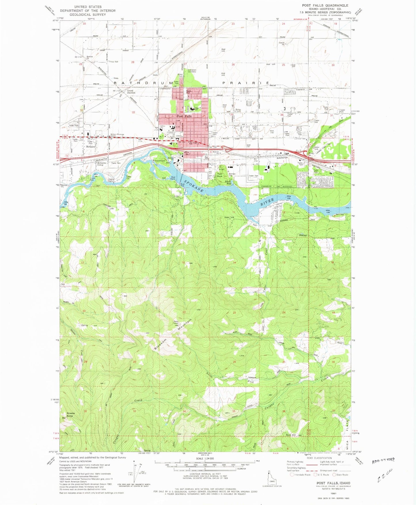 Classic USGS Post Falls Idaho 7.5'x7.5' Topo Map Image