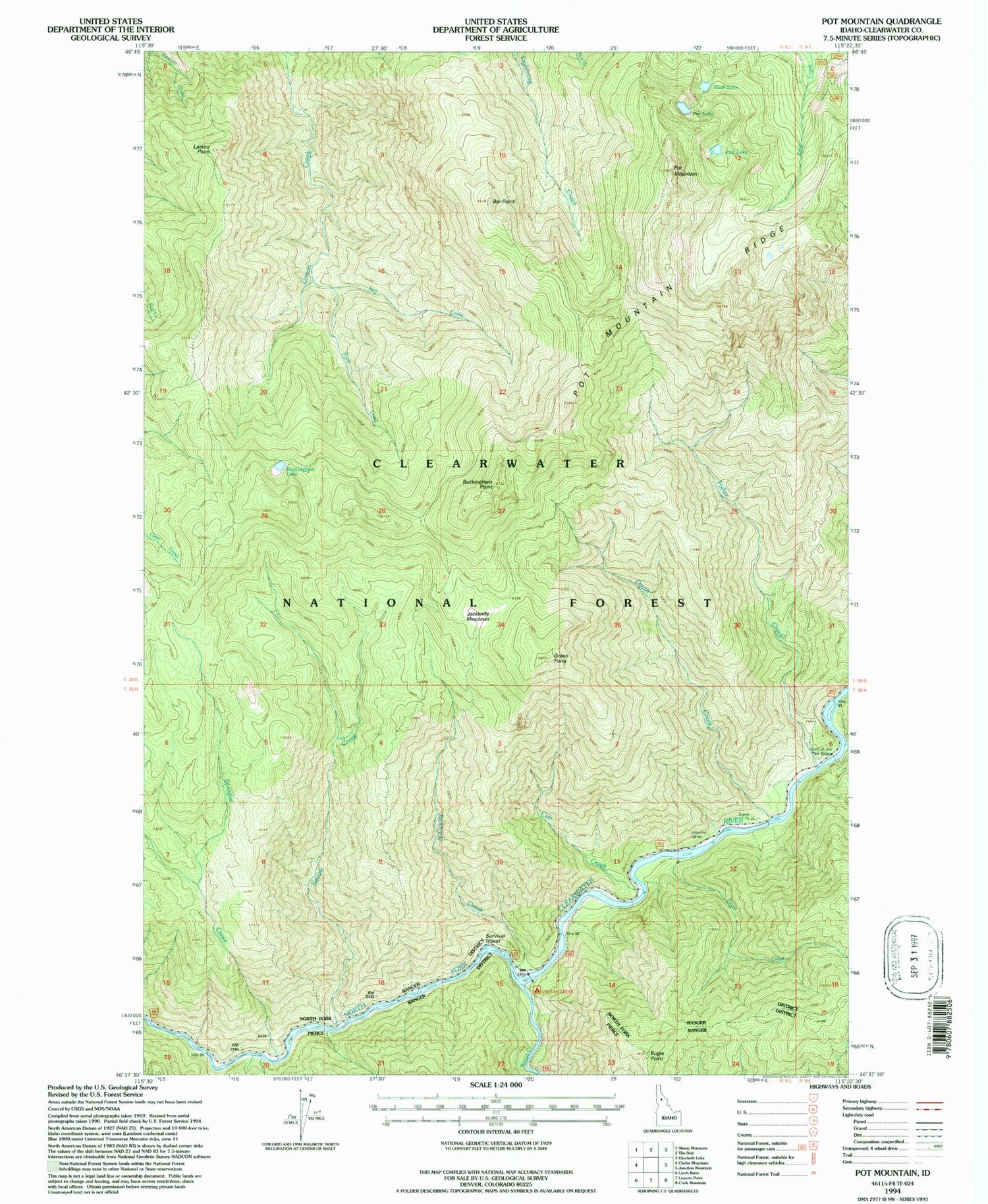 Classic USGS Pot Mountain Idaho 7.5'x7.5' Topo Map Image