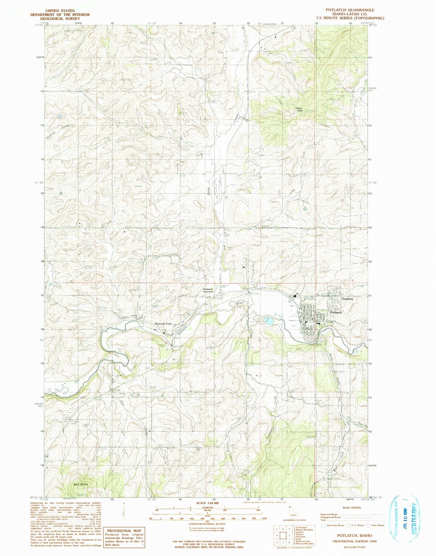 Classic USGS Potlatch Idaho 7.5'x7.5' Topo Map Image