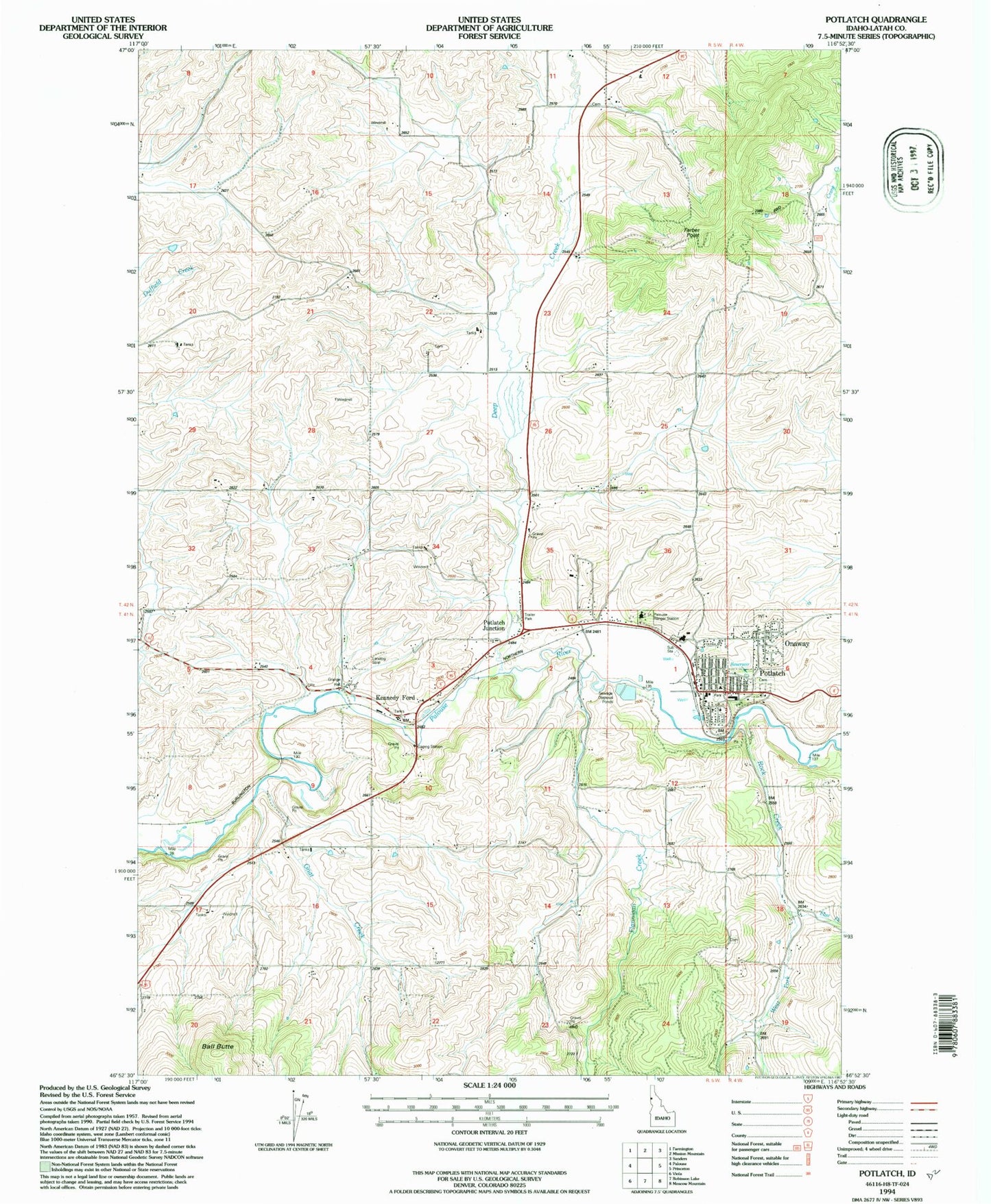 Classic USGS Potlatch Idaho 7.5'x7.5' Topo Map Image