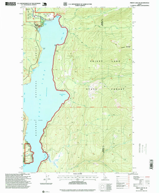 Classic USGS Priest Lake NE Idaho 7.5'x7.5' Topo Map Image