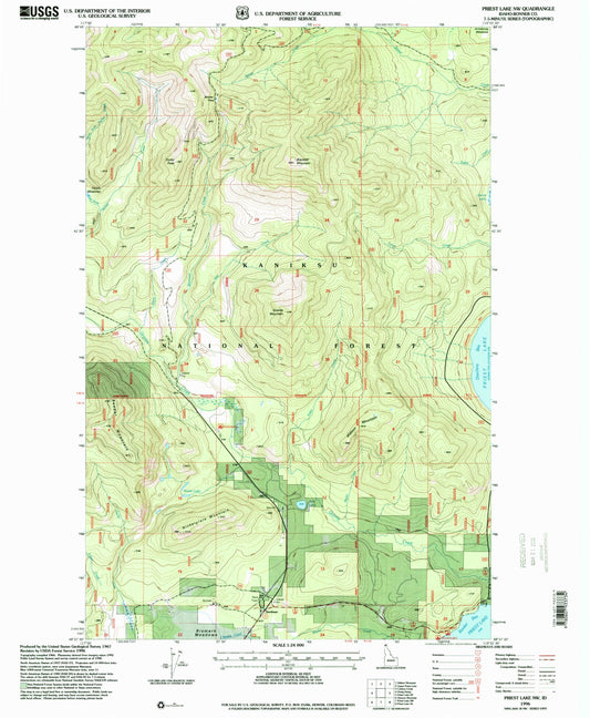 Classic USGS Priest Lake NW Idaho 7.5'x7.5' Topo Map Image
