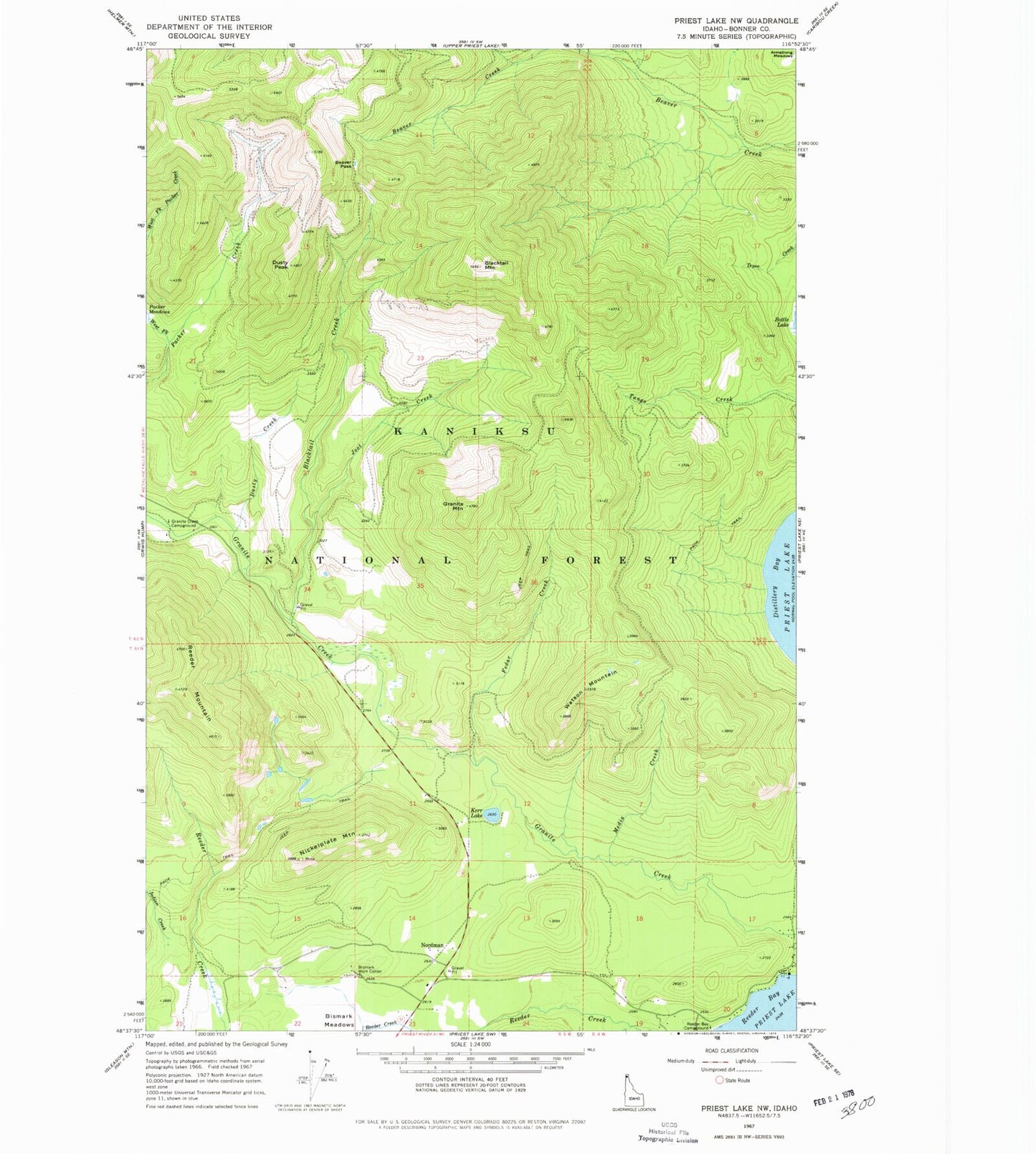 Classic USGS Priest Lake NW Idaho 7.5'x7.5' Topo Map Image