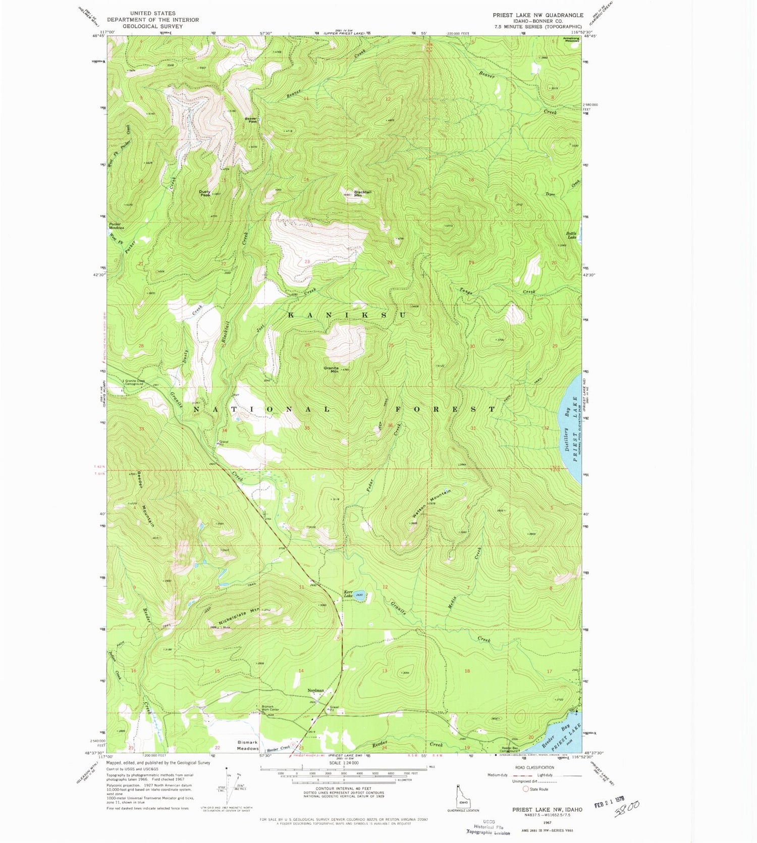 Classic USGS Priest Lake NW Idaho 7.5'x7.5' Topo Map Image