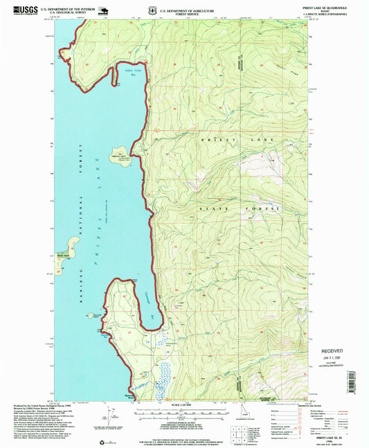 Classic USGS Priest Lake SE Idaho 7.5'x7.5' Topo Map Image