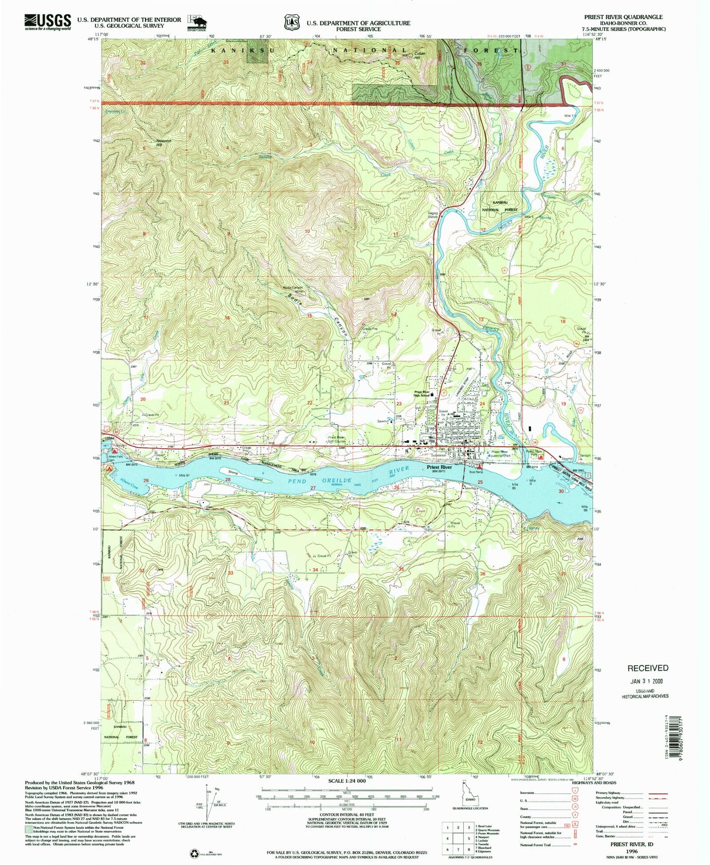 Classic USGS Priest River Idaho 7.5'x7.5' Topo Map Image