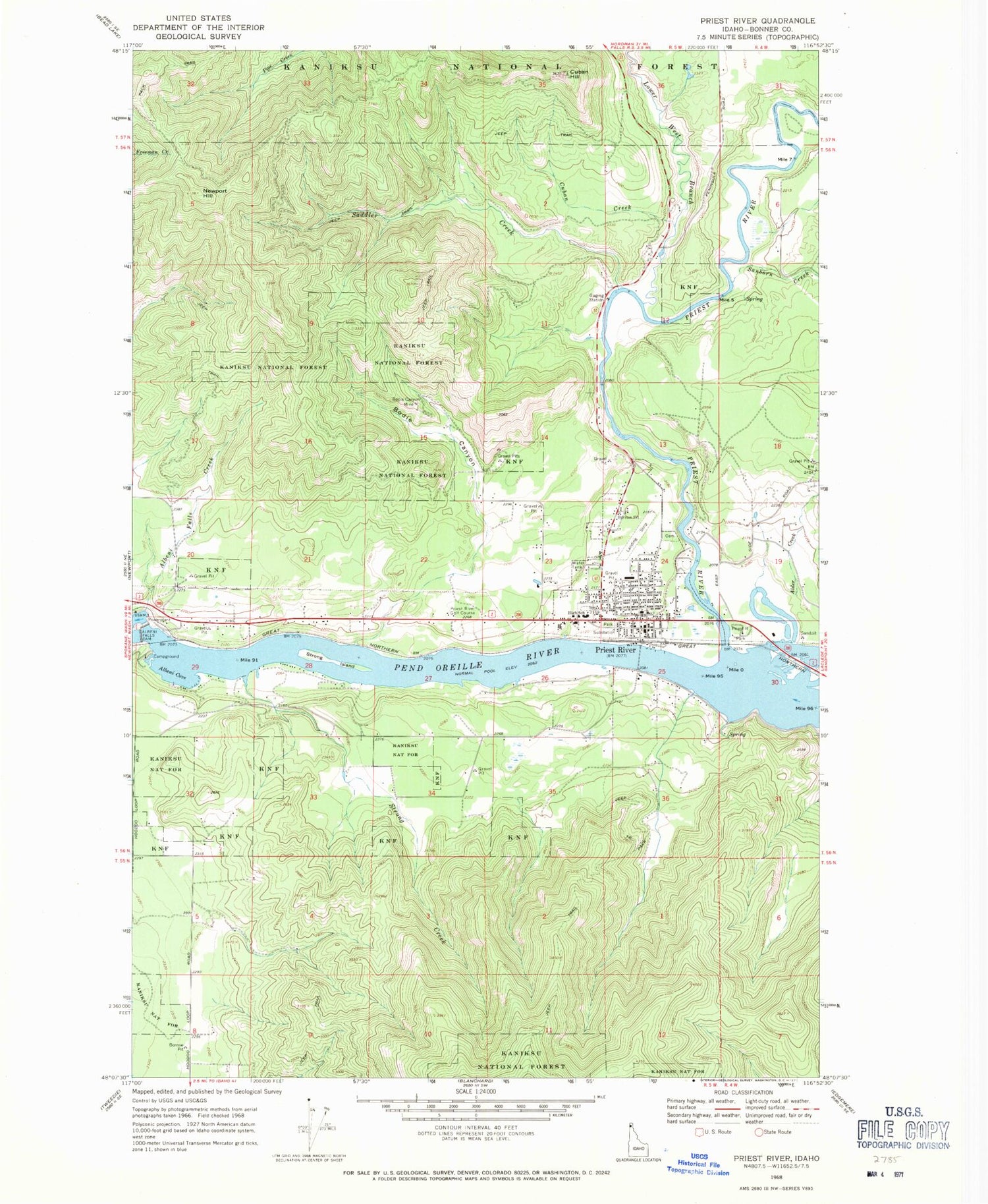 Classic USGS Priest River Idaho 7.5'x7.5' Topo Map Image