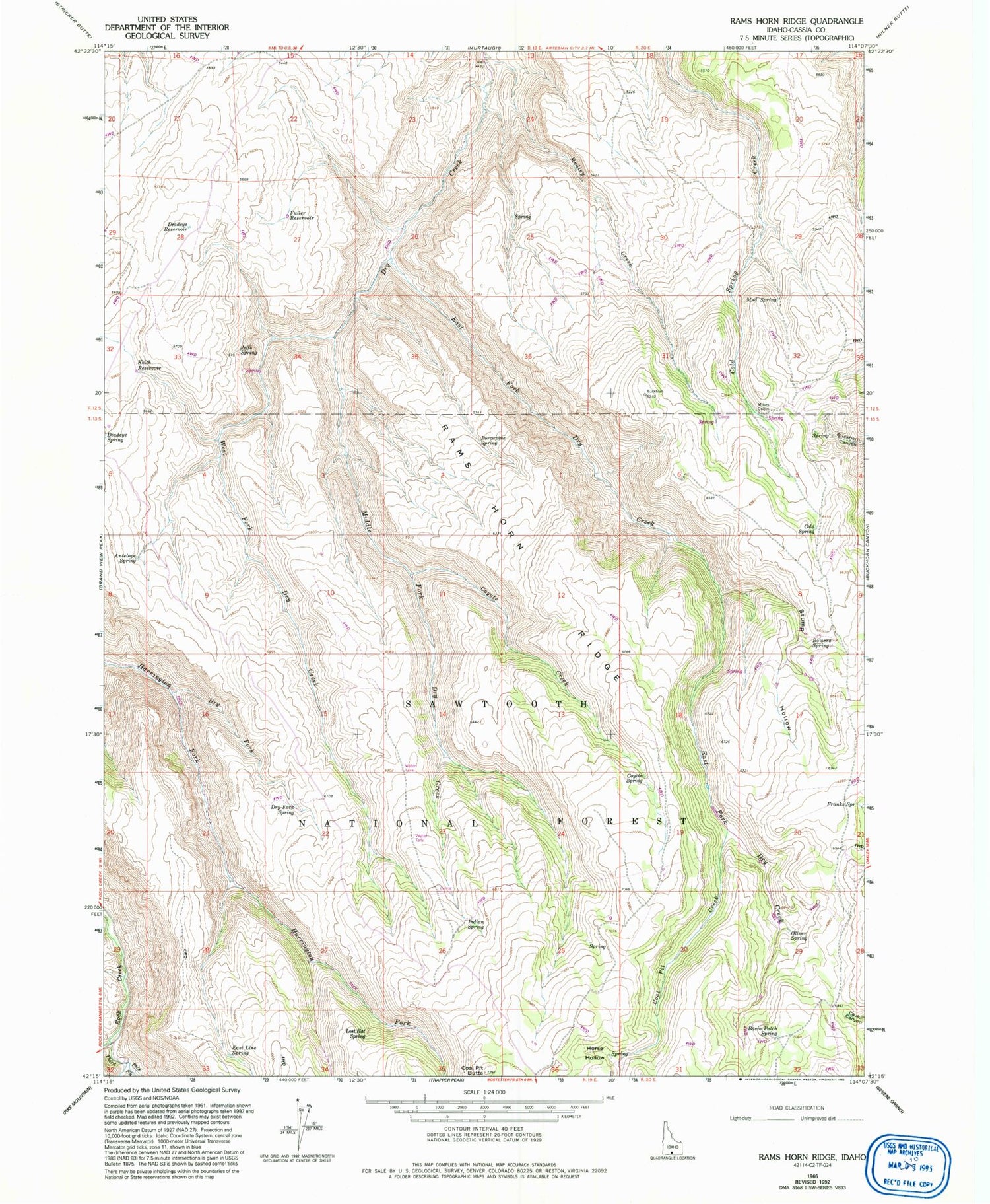 Classic USGS Rams Horn Ridge Idaho 7.5'x7.5' Topo Map Image