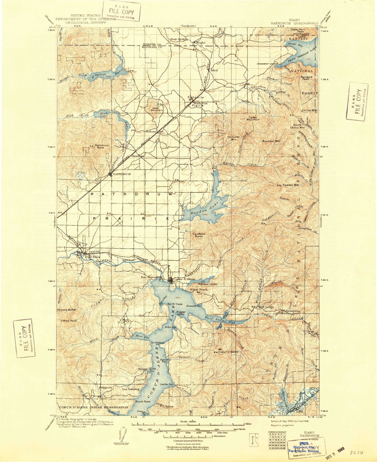Historic 1903 Rathdrum Idaho 30'x30' Topo Map Image