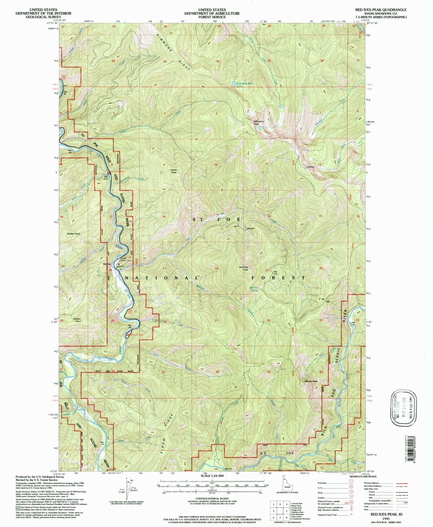 Classic USGS Red Ives Peak Idaho 7.5'x7.5' Topo Map Image