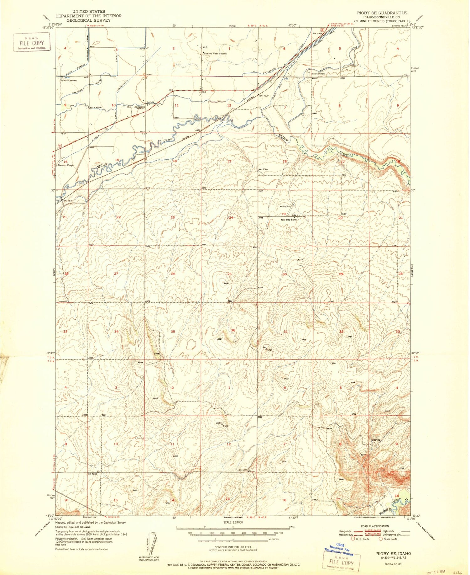 Classic USGS Rigby SE Idaho 7.5'x7.5' Topo Map Image