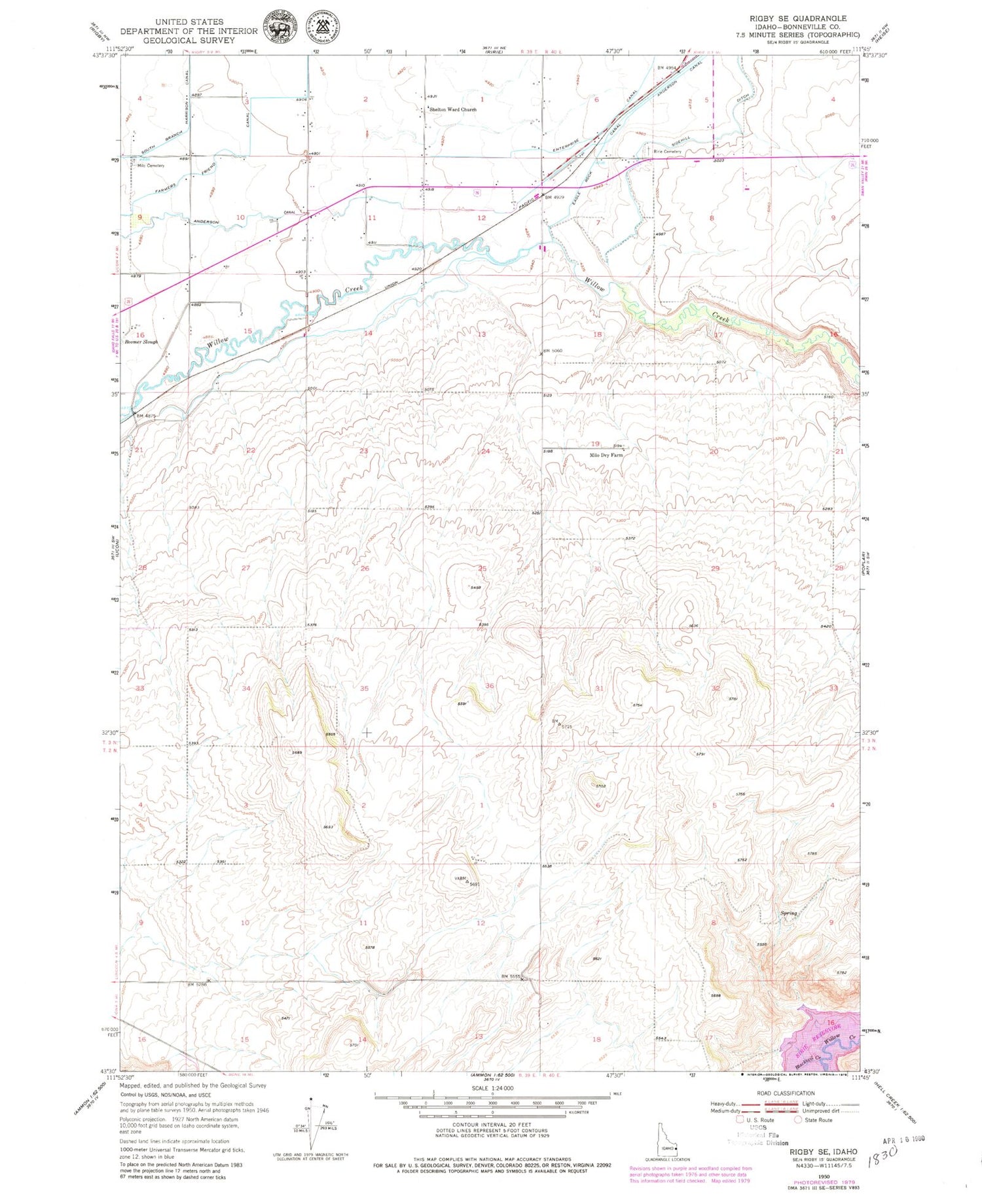 Classic USGS Rigby SE Idaho 7.5'x7.5' Topo Map Image