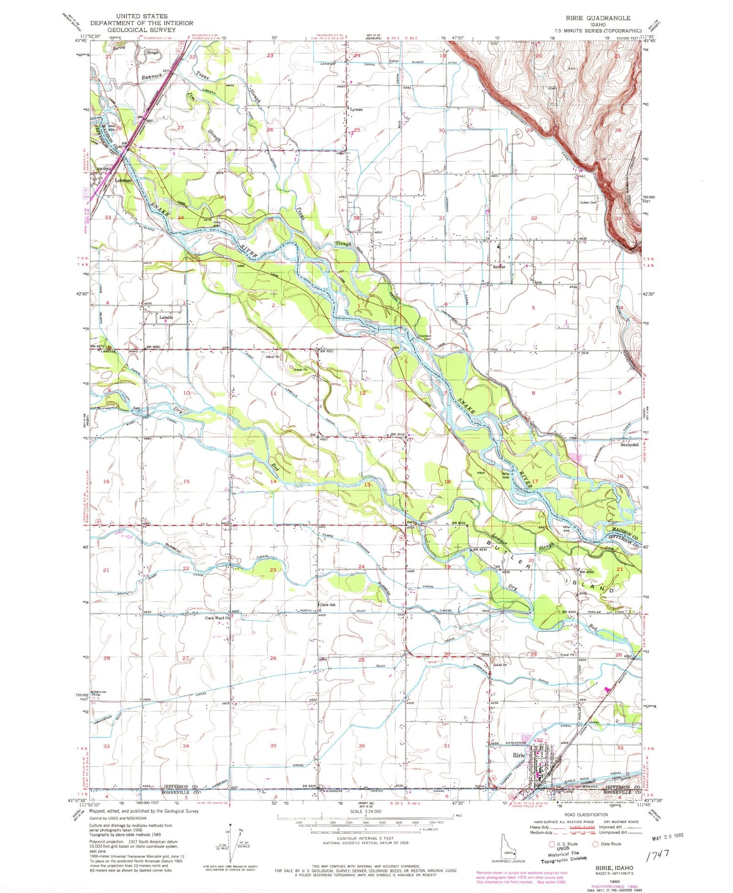 Classic USGS Ririe Idaho 7.5'x7.5' Topo Map Image