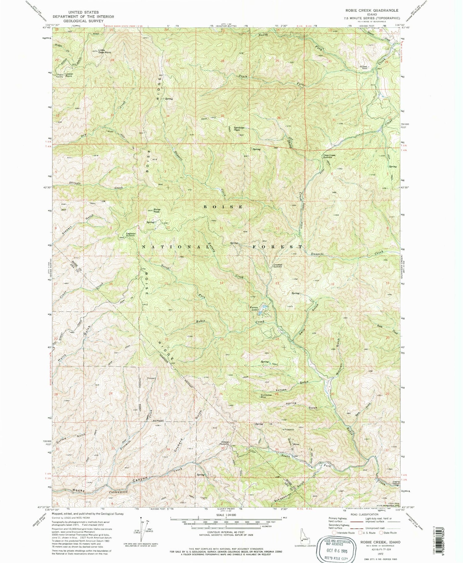 Classic USGS Robie Creek Idaho 7.5'x7.5' Topo Map Image