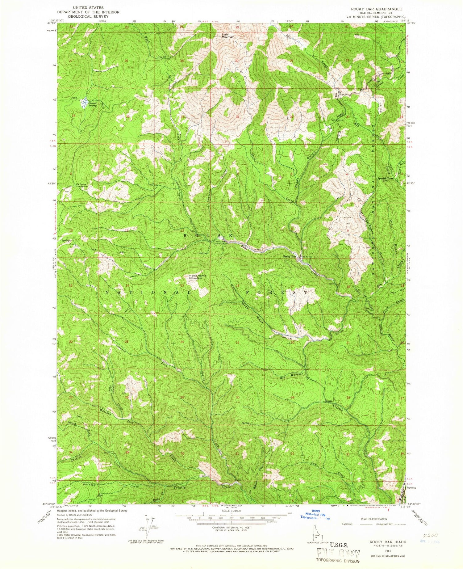 Classic USGS Rocky Bar Idaho 7.5'x7.5' Topo Map Image