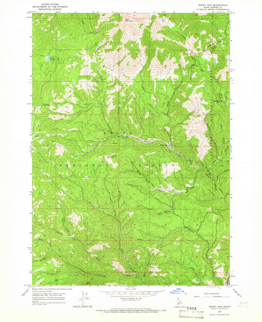 Classic USGS Rocky Bar Idaho 7.5'x7.5' Topo Map Image