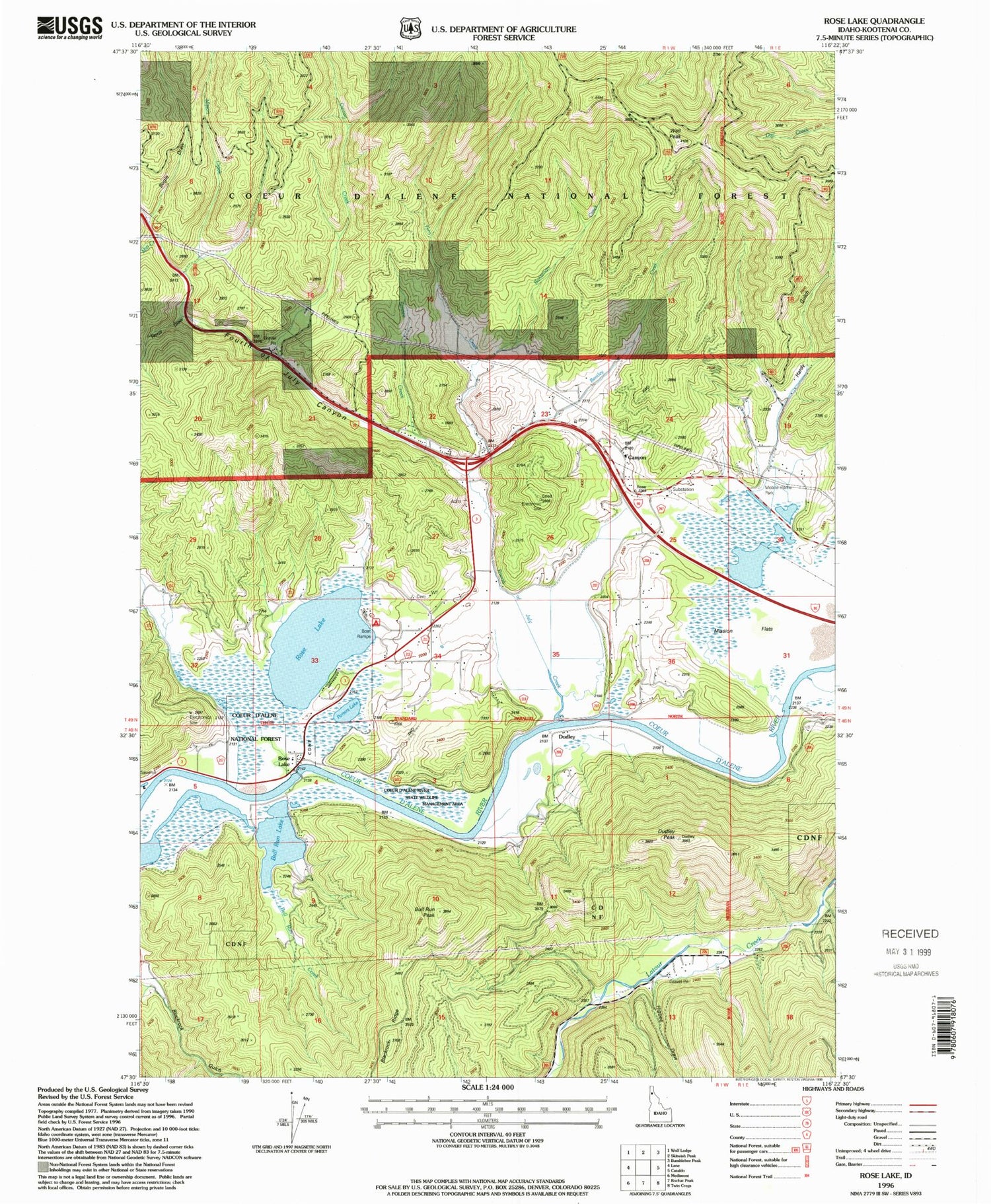 Classic USGS Rose Lake Idaho 7.5'x7.5' Topo Map Image