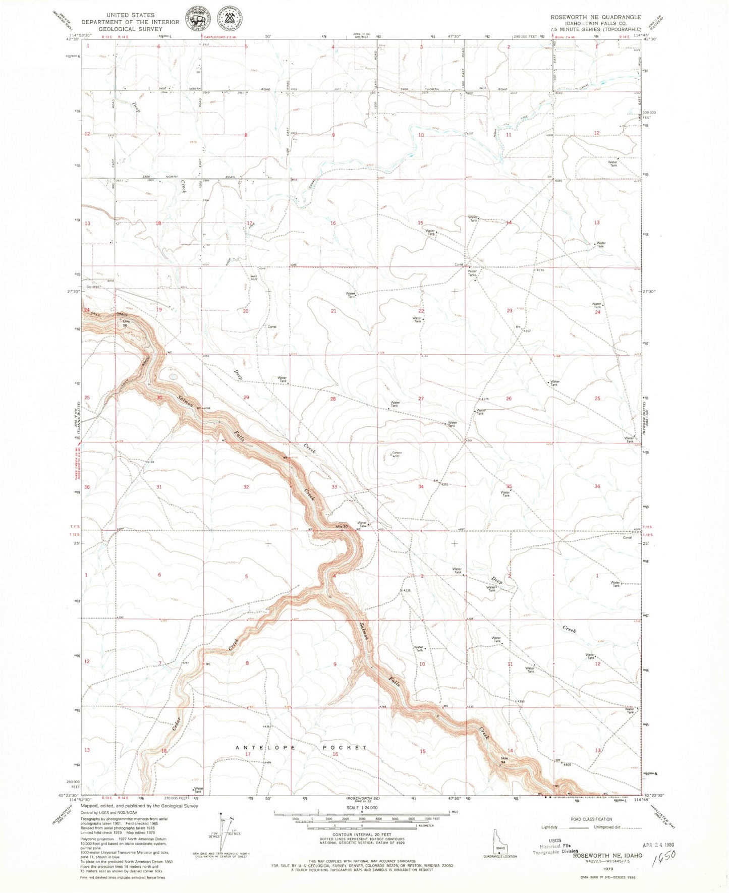 Classic USGS Roseworth NE Idaho 7.5'x7.5' Topo Map Image