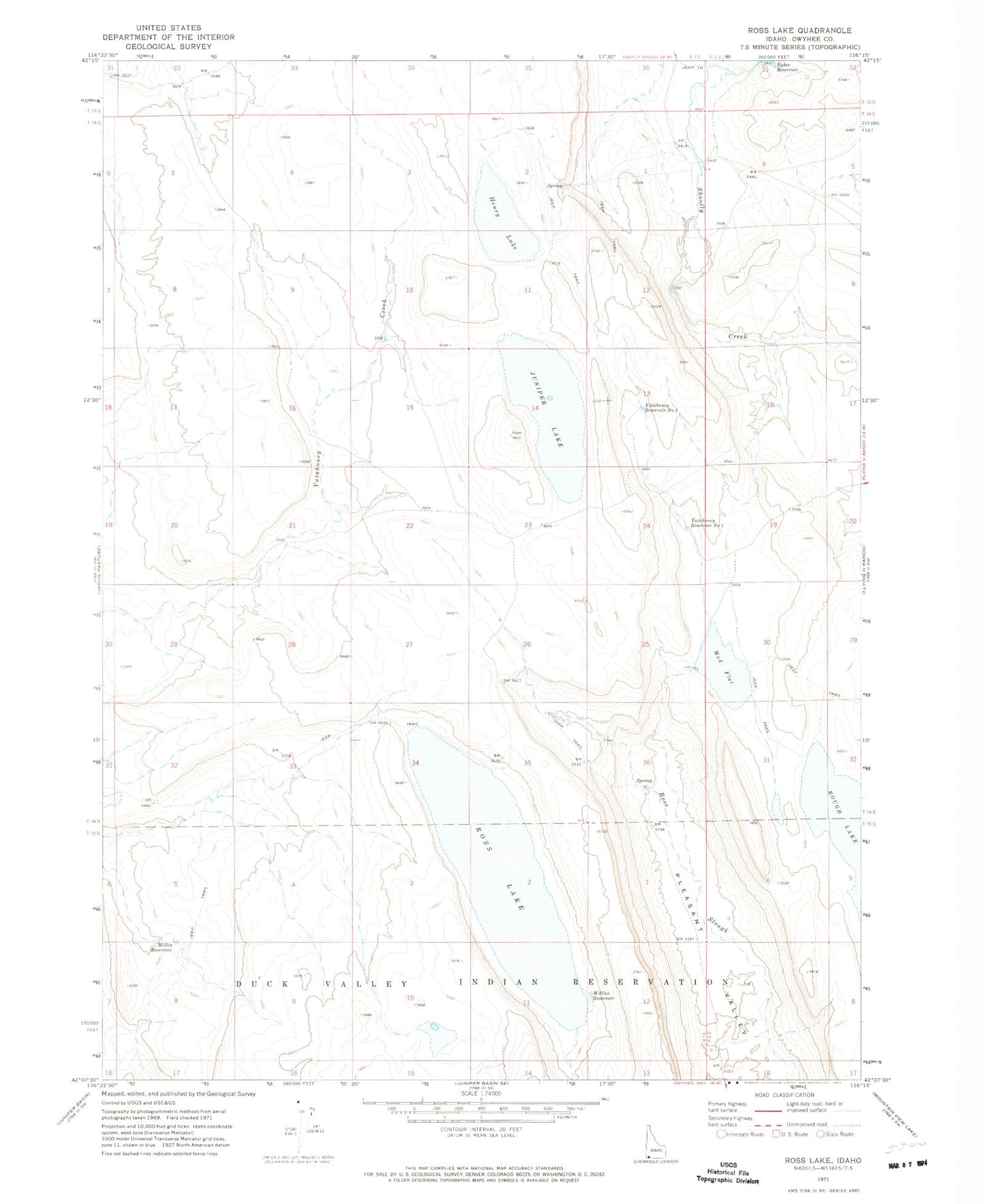 Classic USGS Ross Lake Idaho 7.5'x7.5' Topo Map Image