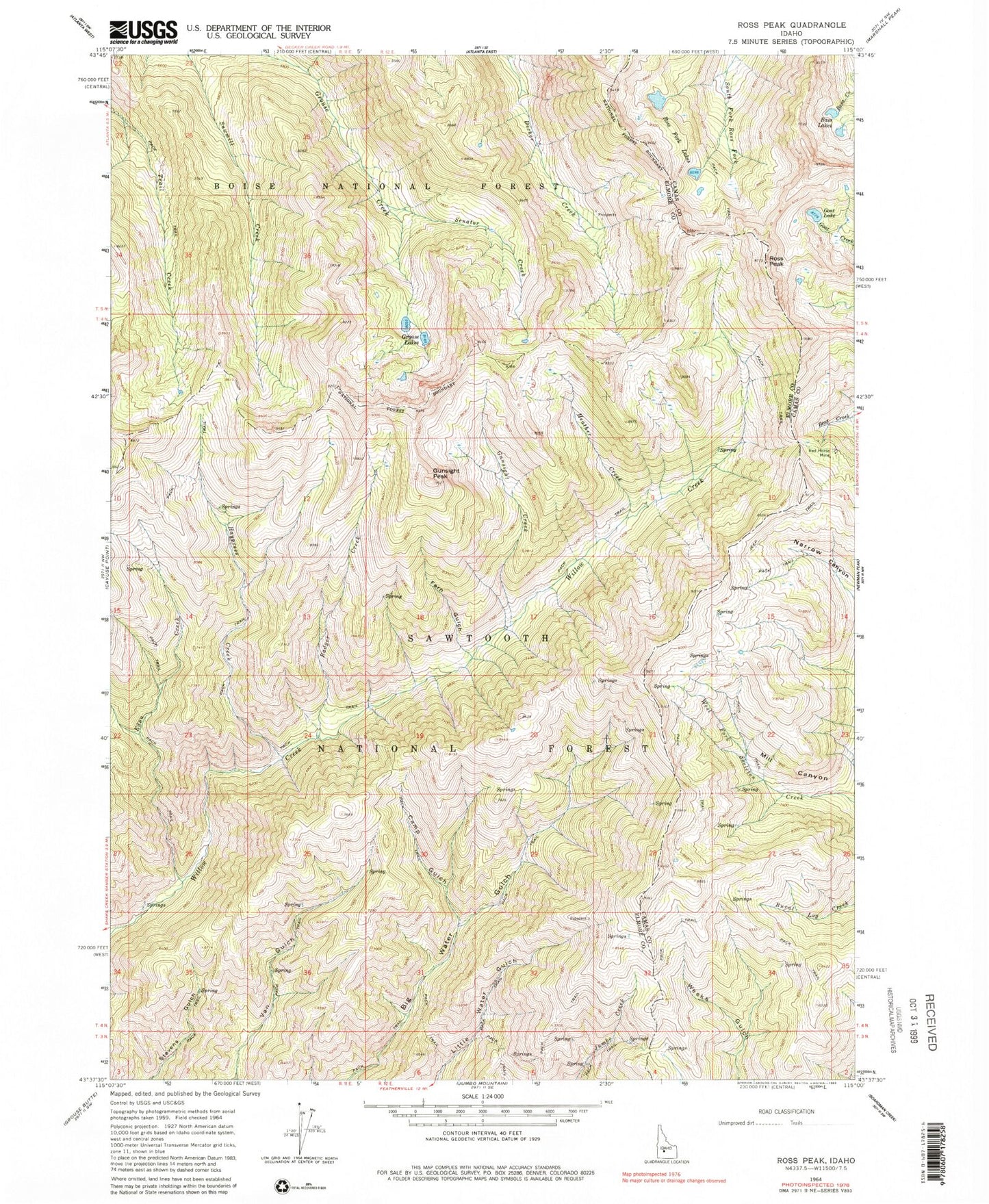 Classic USGS Ross Peak Idaho 7.5'x7.5' Topo Map Image