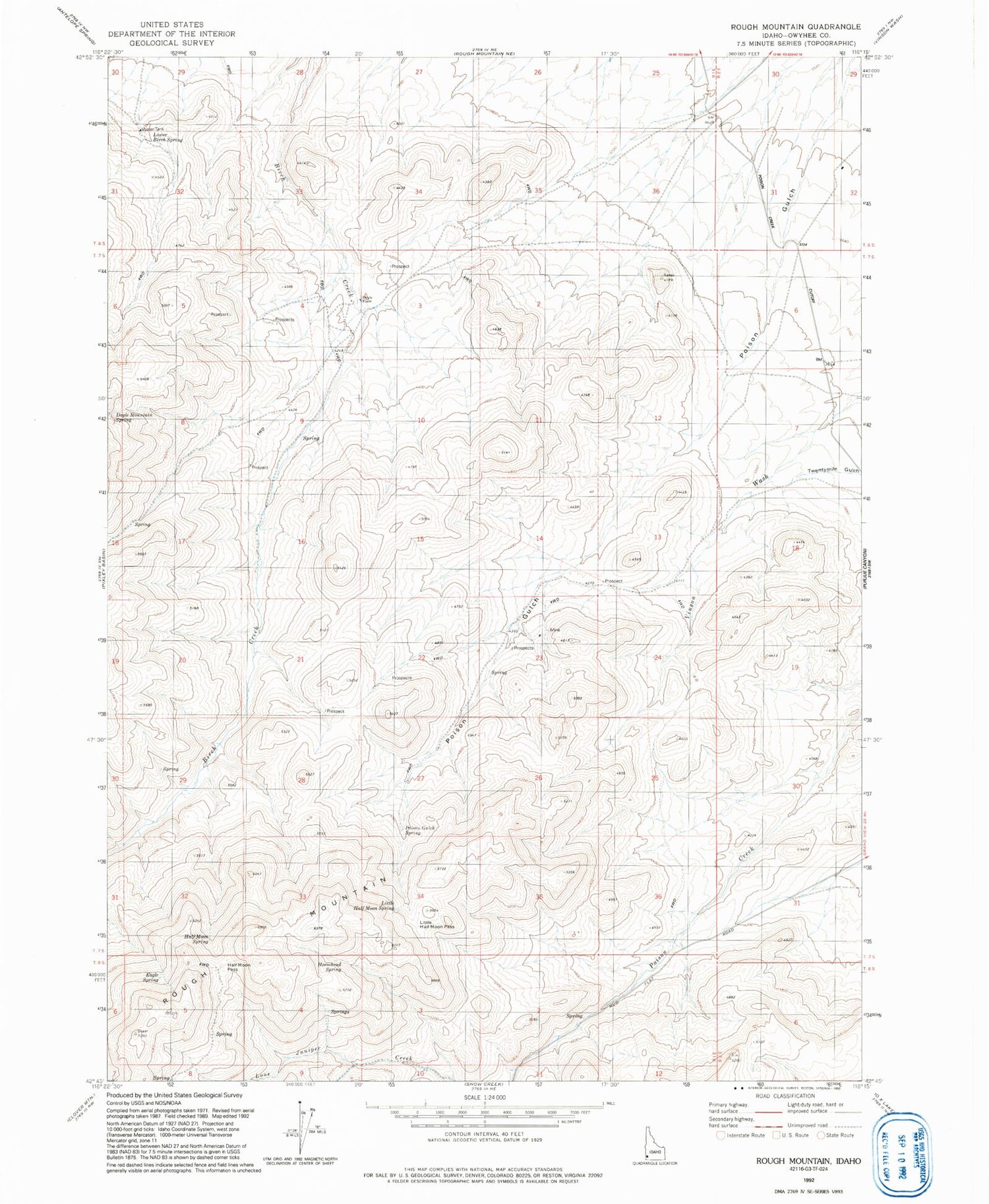 Classic USGS Rough Mountain Idaho 7.5'x7.5' Topo Map Image