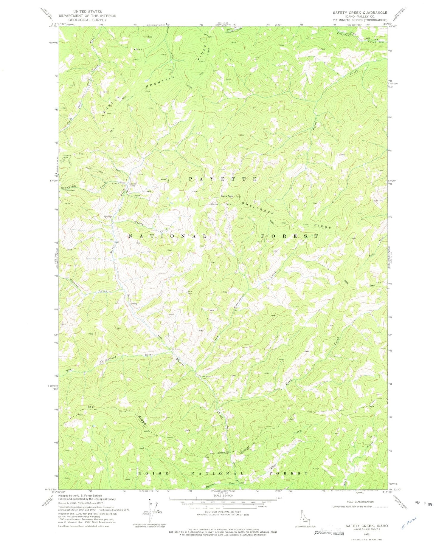 Classic USGS Safety Creek Idaho 7.5'x7.5' Topo Map Image
