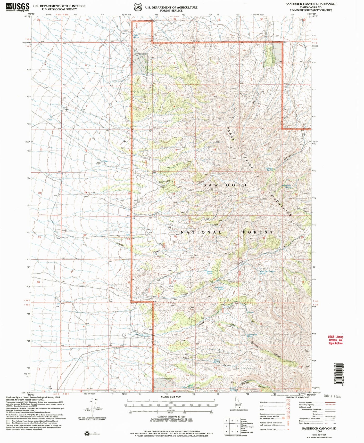 Classic USGS Sandrock Canyon Idaho 7.5'x7.5' Topo Map Image
