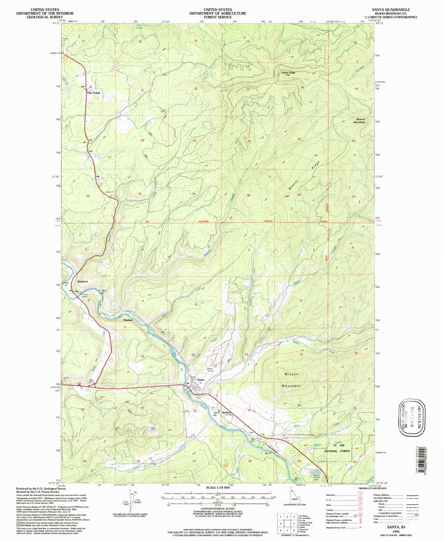 Classic USGS Santa Idaho 7.5'x7.5' Topo Map Image
