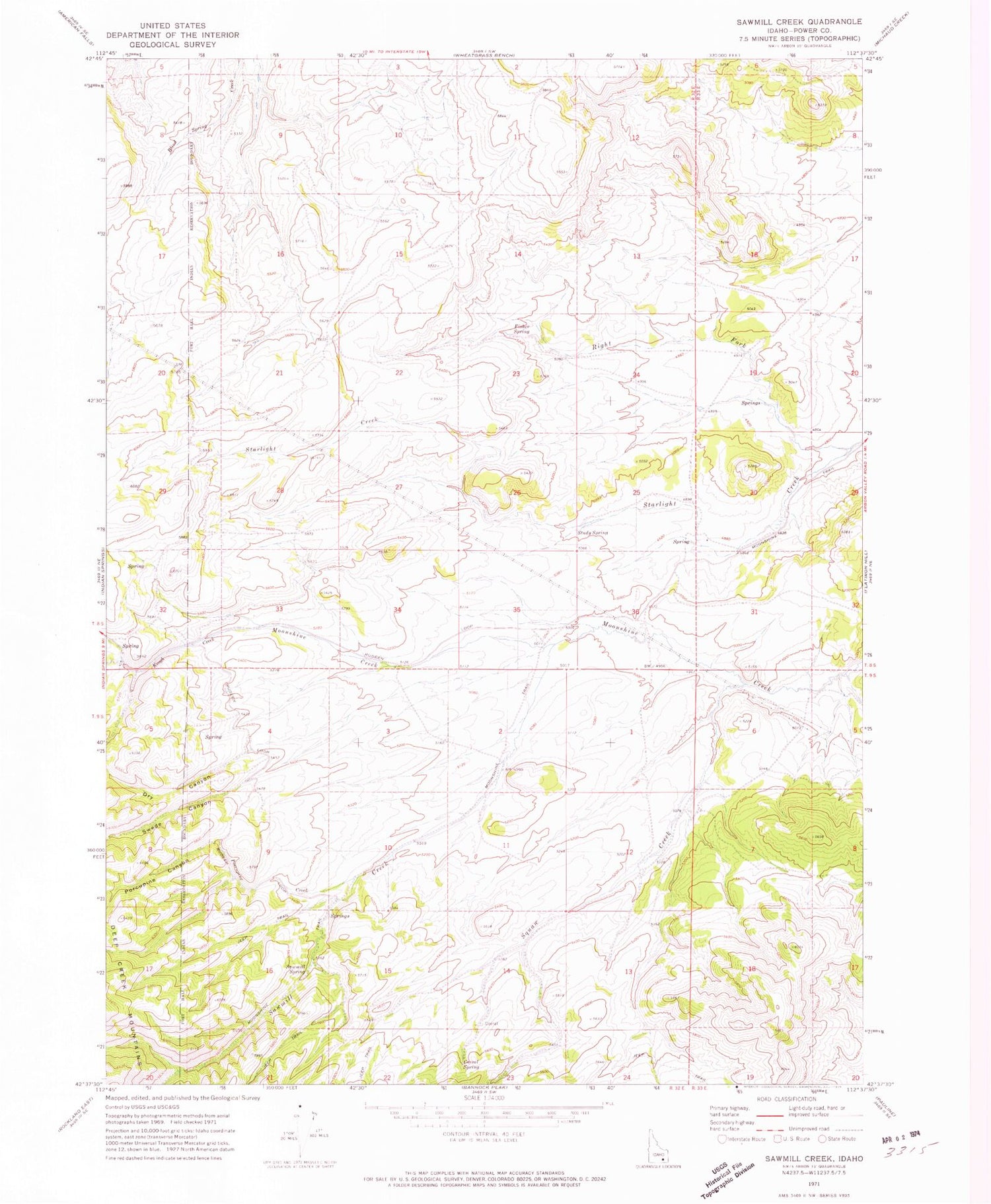 Classic USGS Sawmill Creek Idaho 7.5'x7.5' Topo Map Image