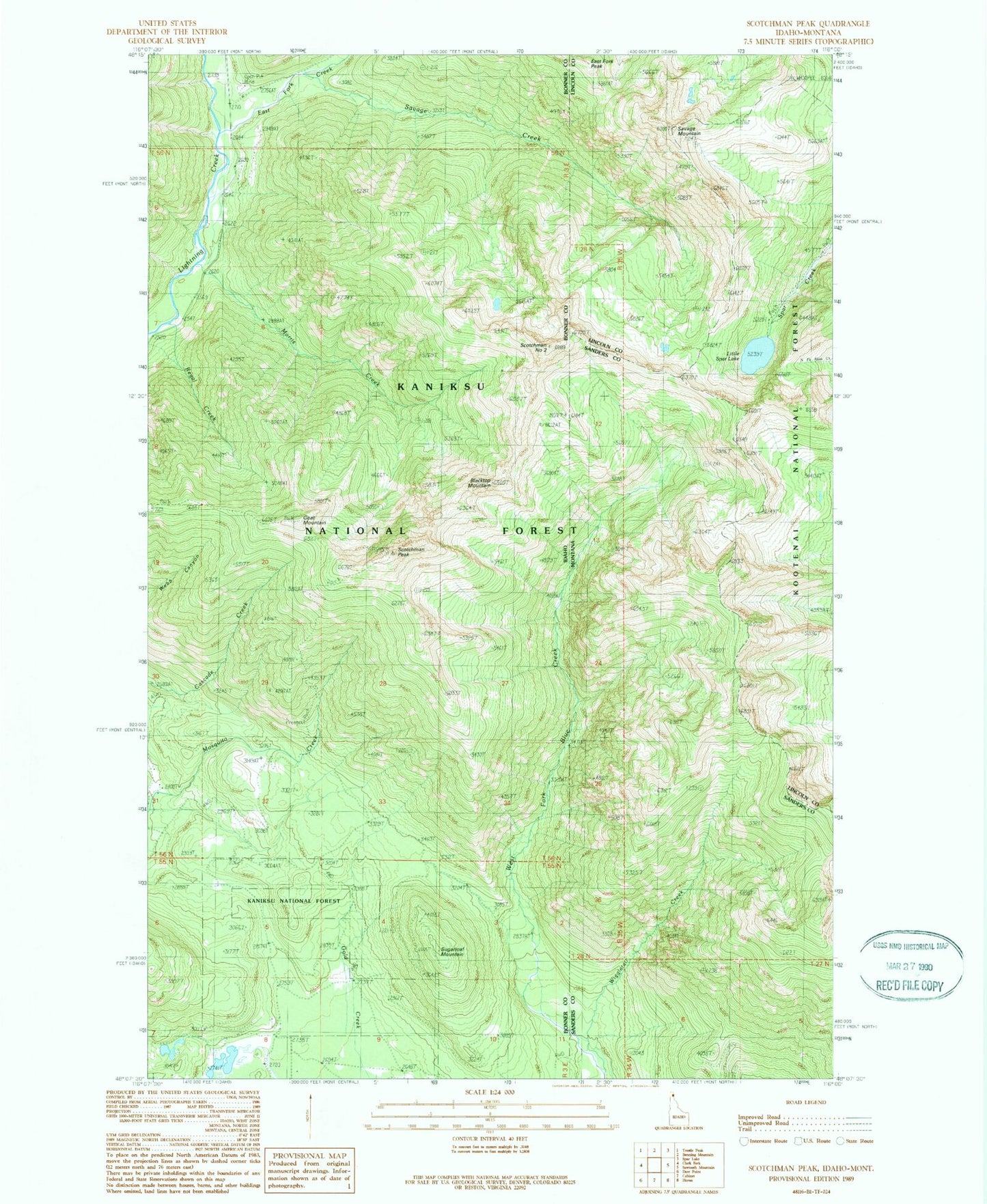 Classic USGS Scotchman Peak Idaho 7.5'x7.5' Topo Map Image