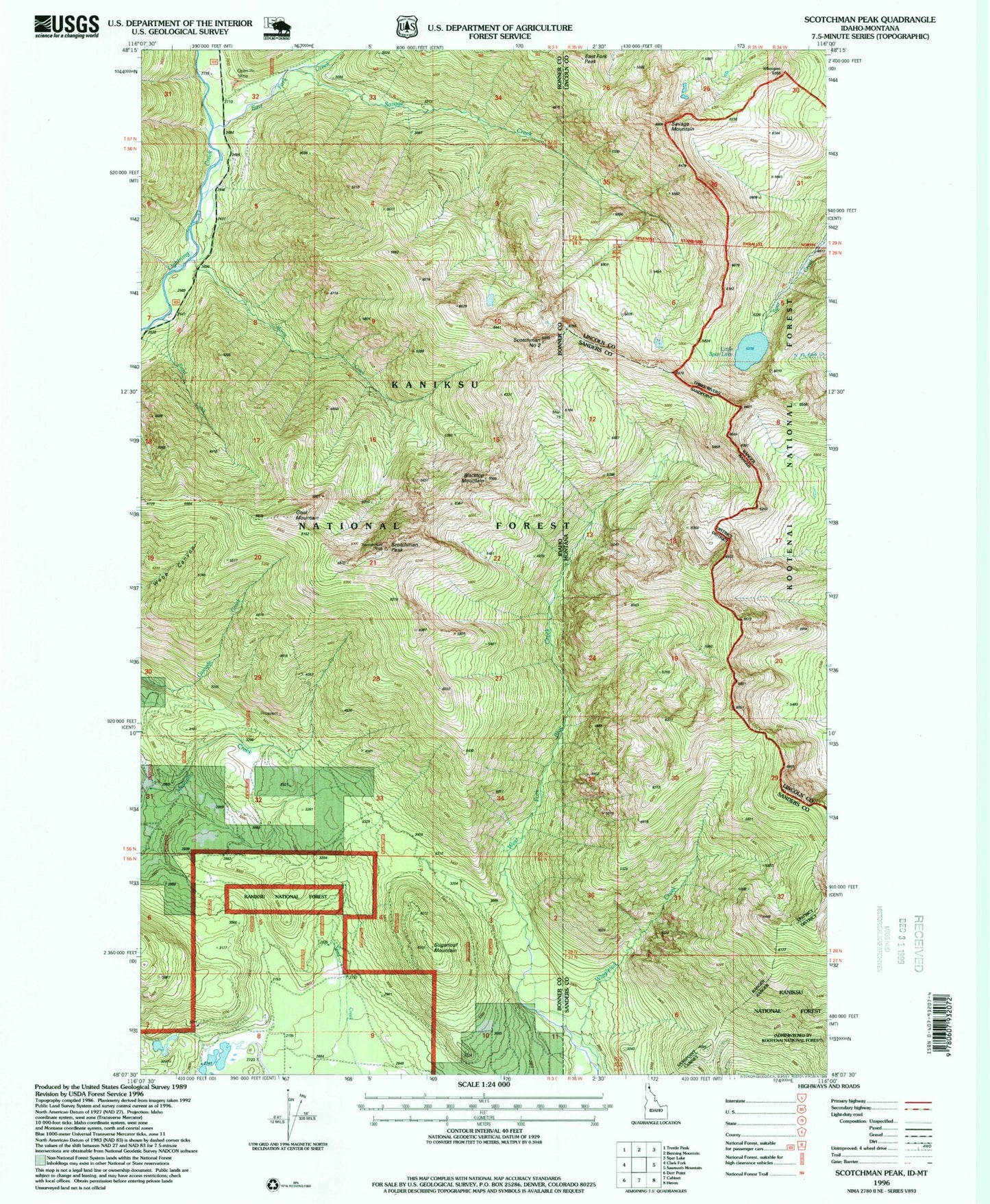 Classic USGS Scotchman Peak Idaho 7.5'x7.5' Topo Map Image