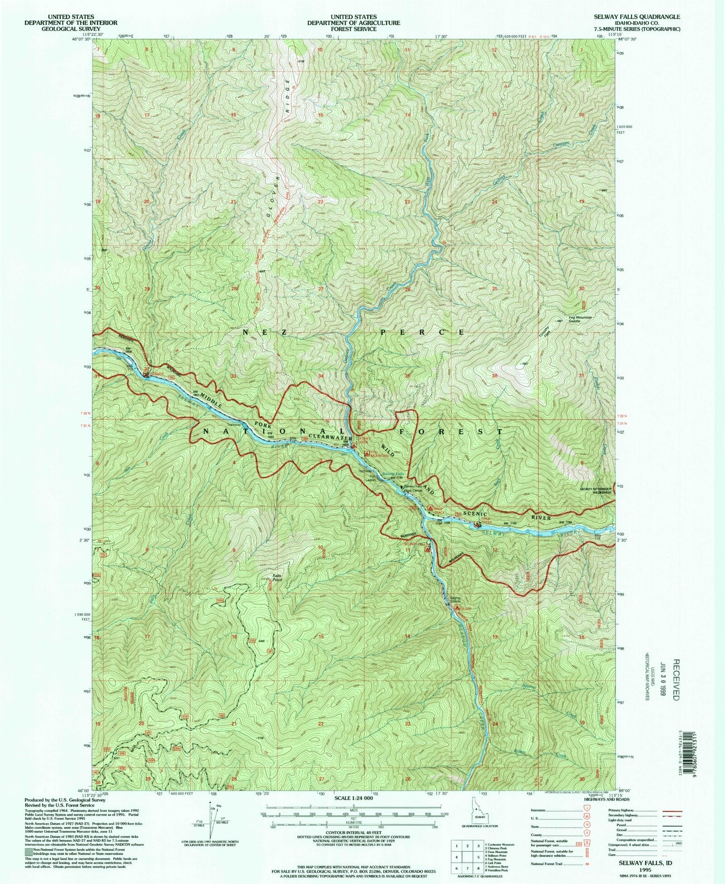 Classic USGS Selway Falls Idaho 7.5'x7.5' Topo Map Image