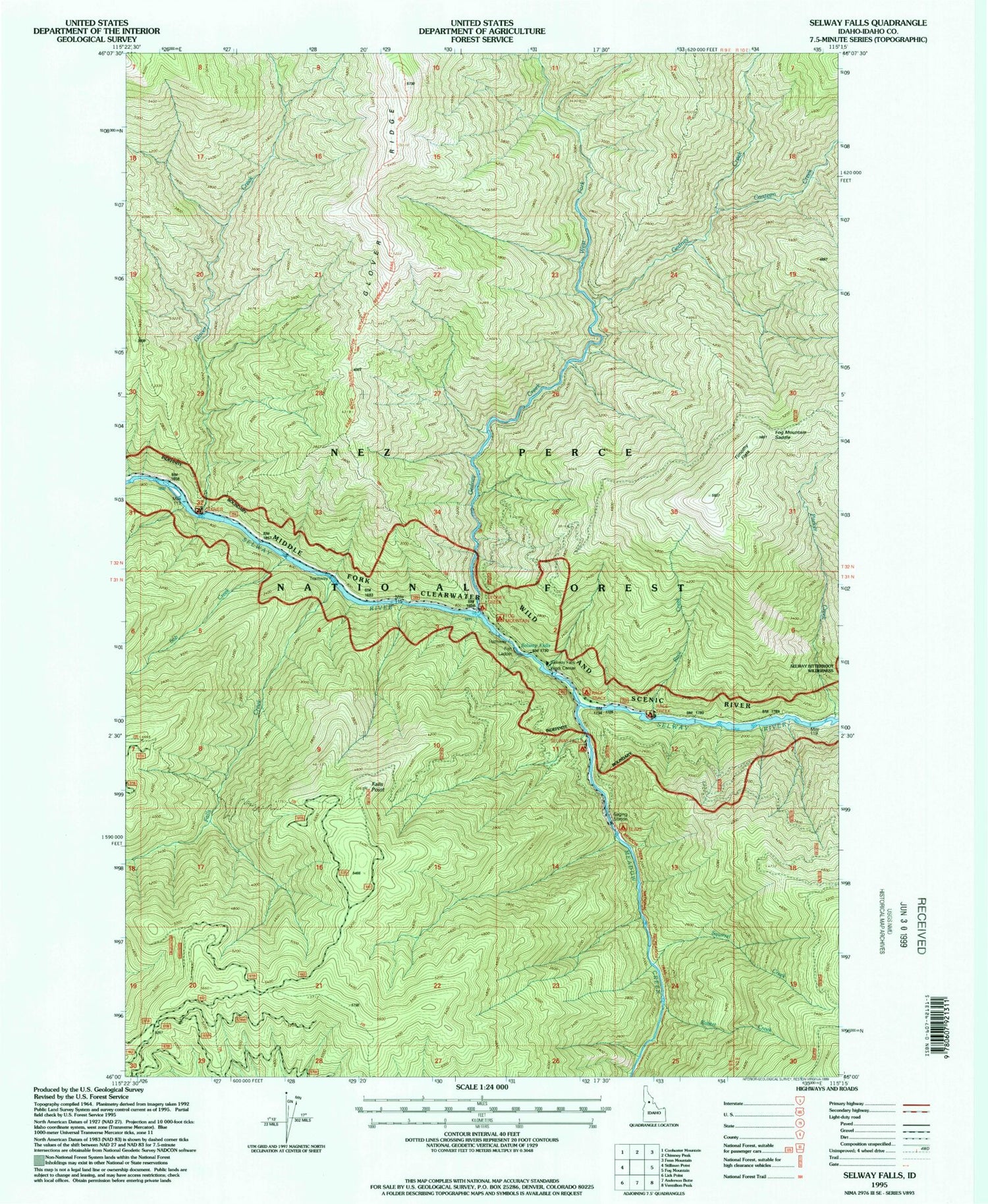 Classic USGS Selway Falls Idaho 7.5'x7.5' Topo Map Image