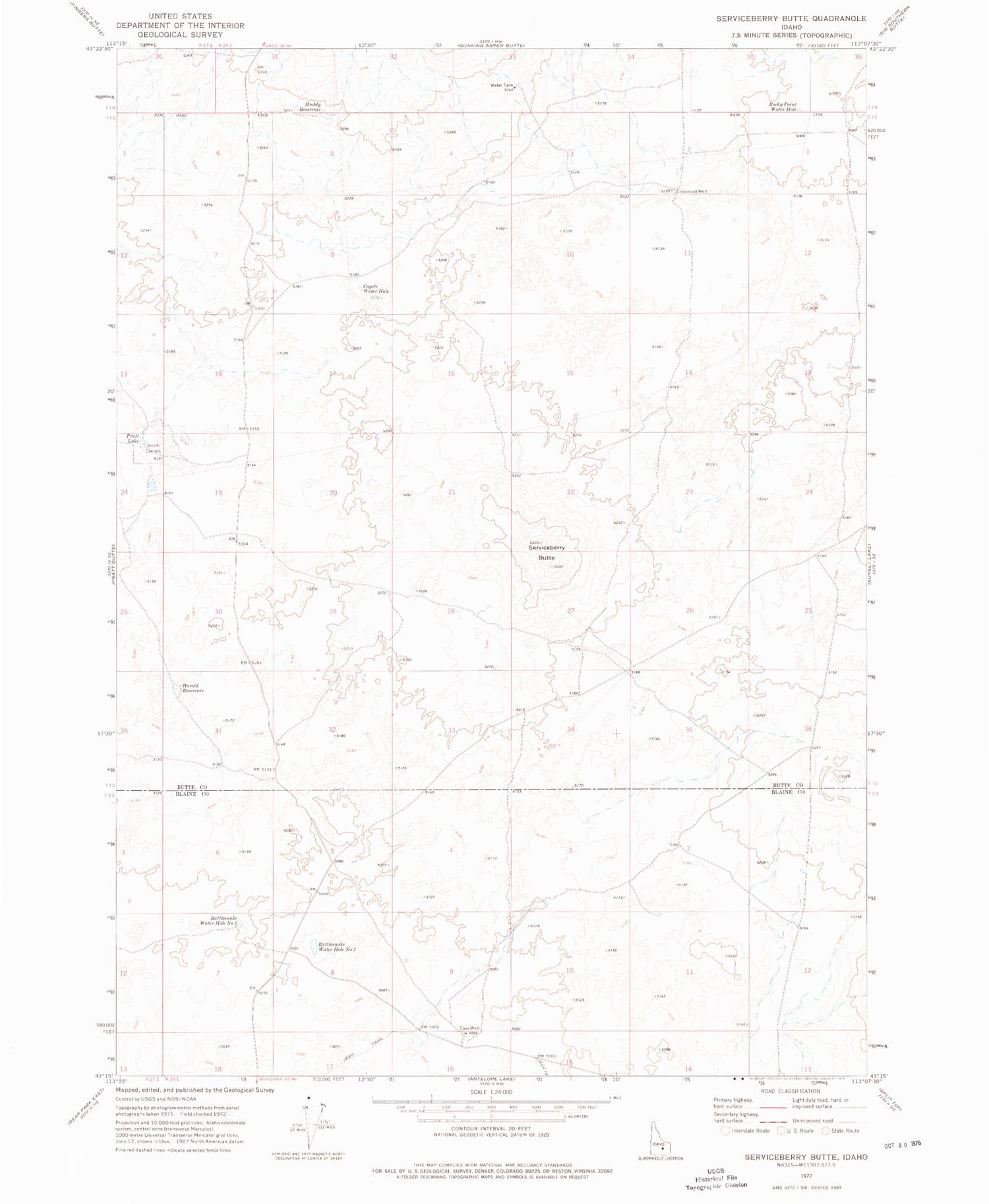 Classic USGS Serviceberry Butte Idaho 7.5'x7.5' Topo Map Image