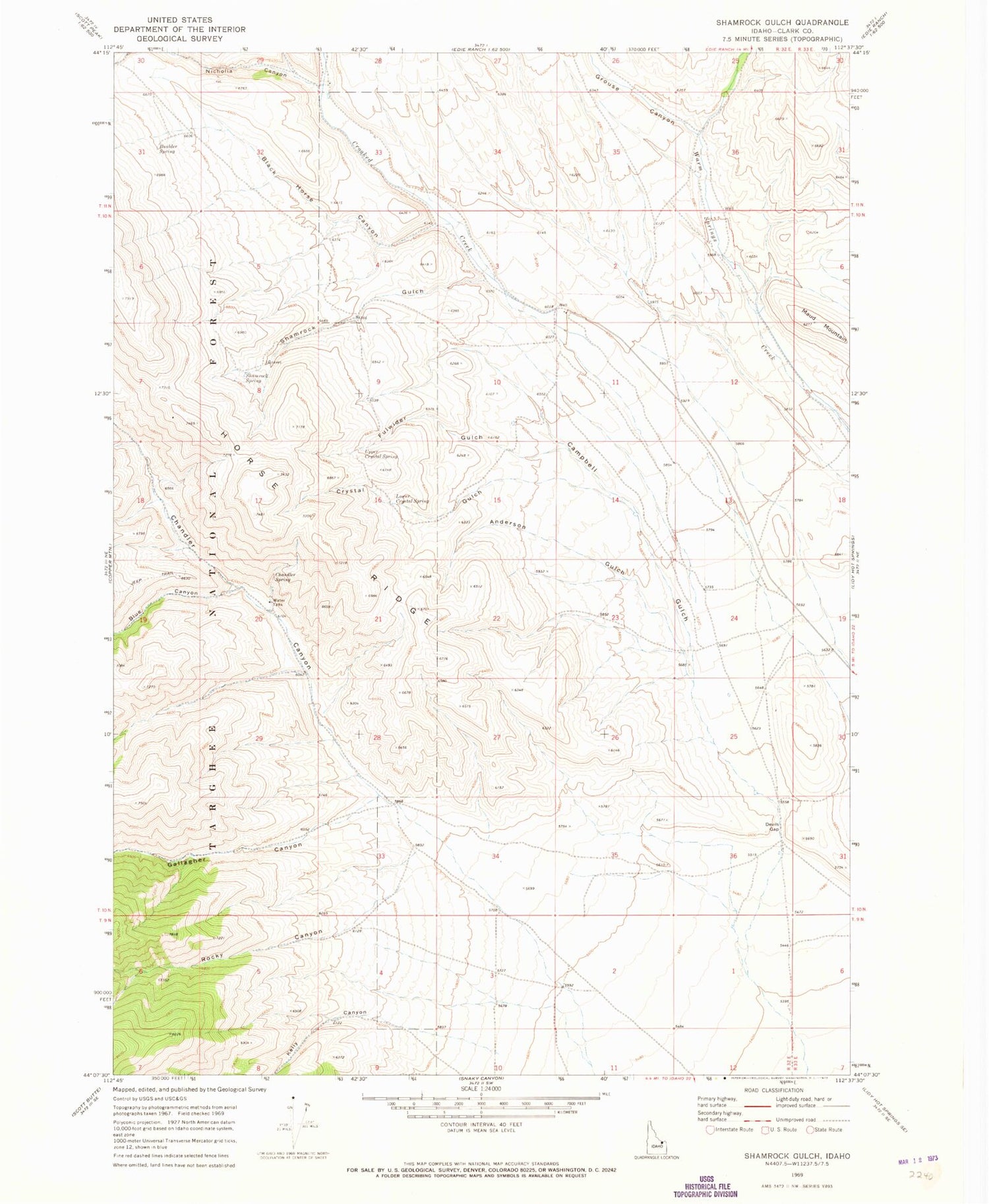 Classic USGS Shamrock Gulch Idaho 7.5'x7.5' Topo Map Image