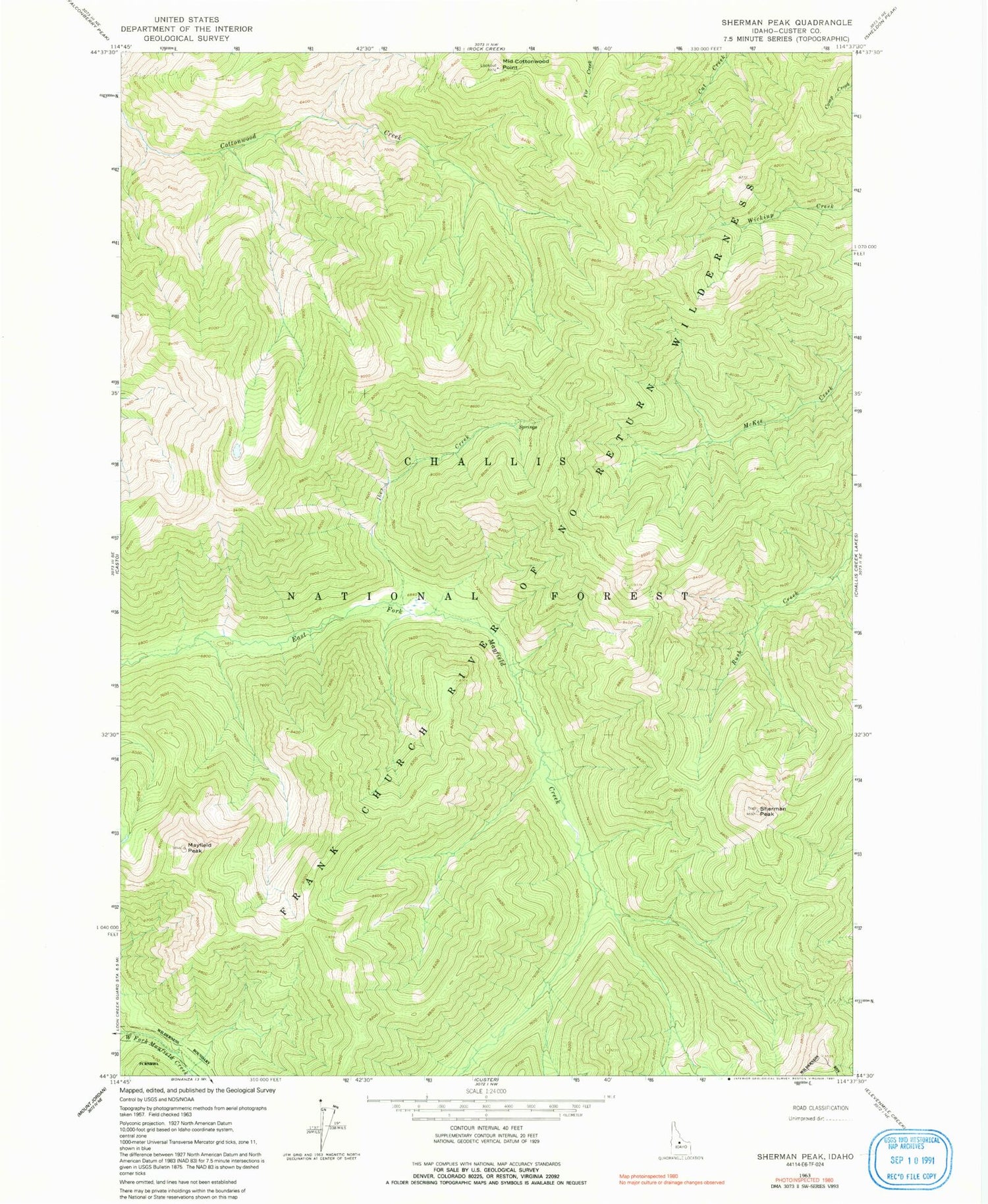 Classic USGS Sherman Peak Idaho 7.5'x7.5' Topo Map Image