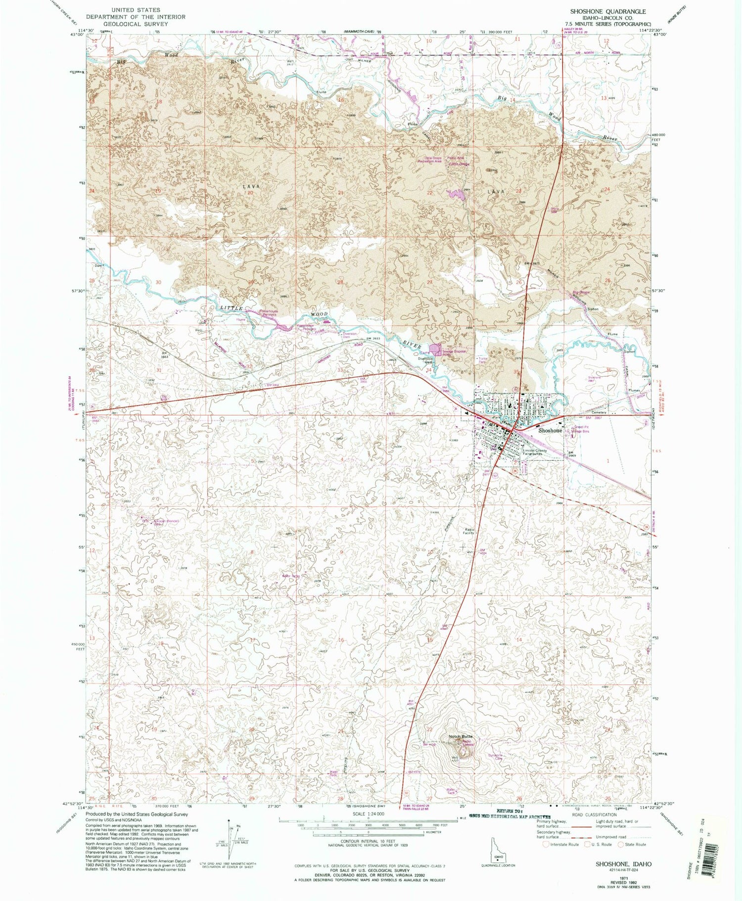 Classic USGS Shoshone Idaho 7.5'x7.5' Topo Map Image