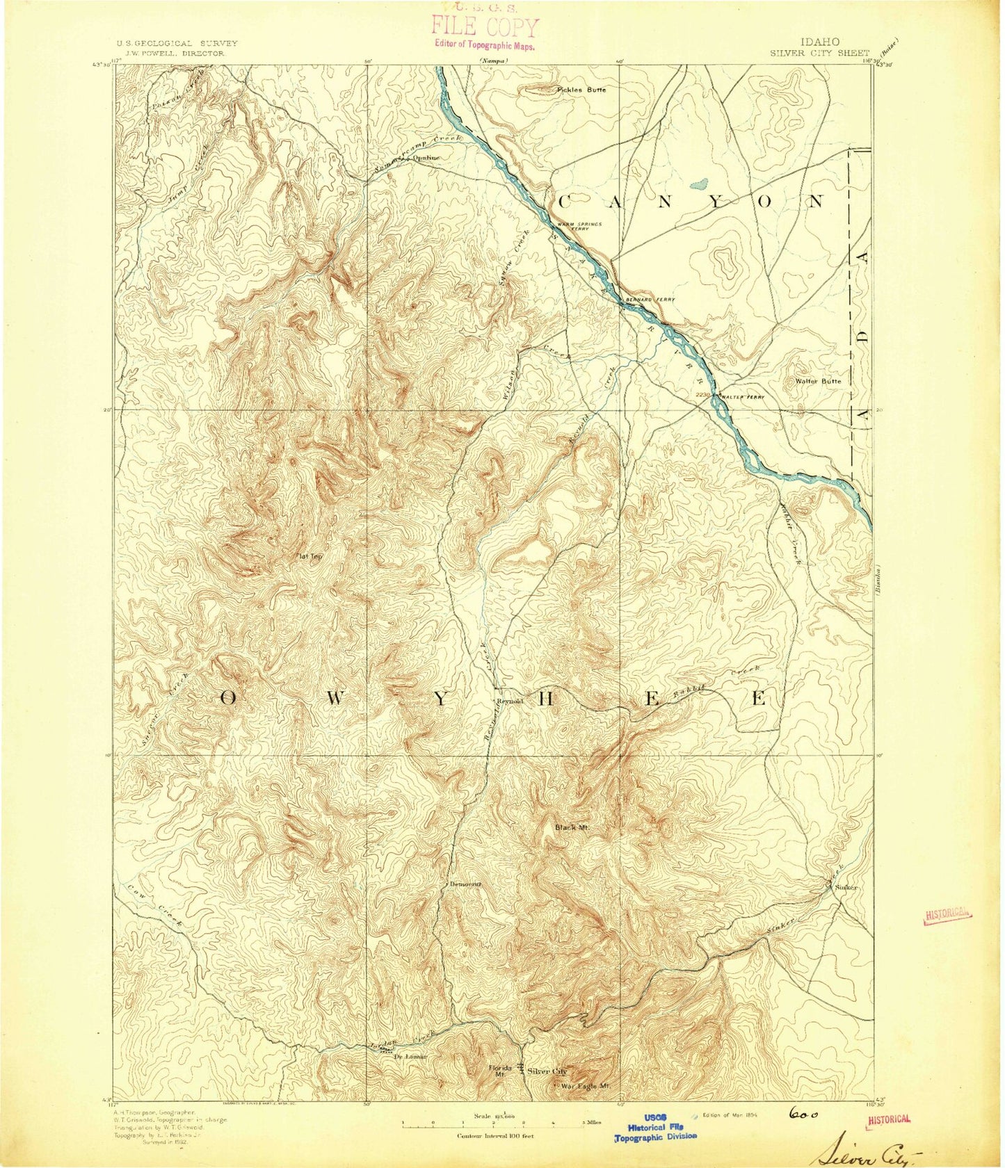 Historic 1894 Silver City Idaho 30'x30' Topo Map Image