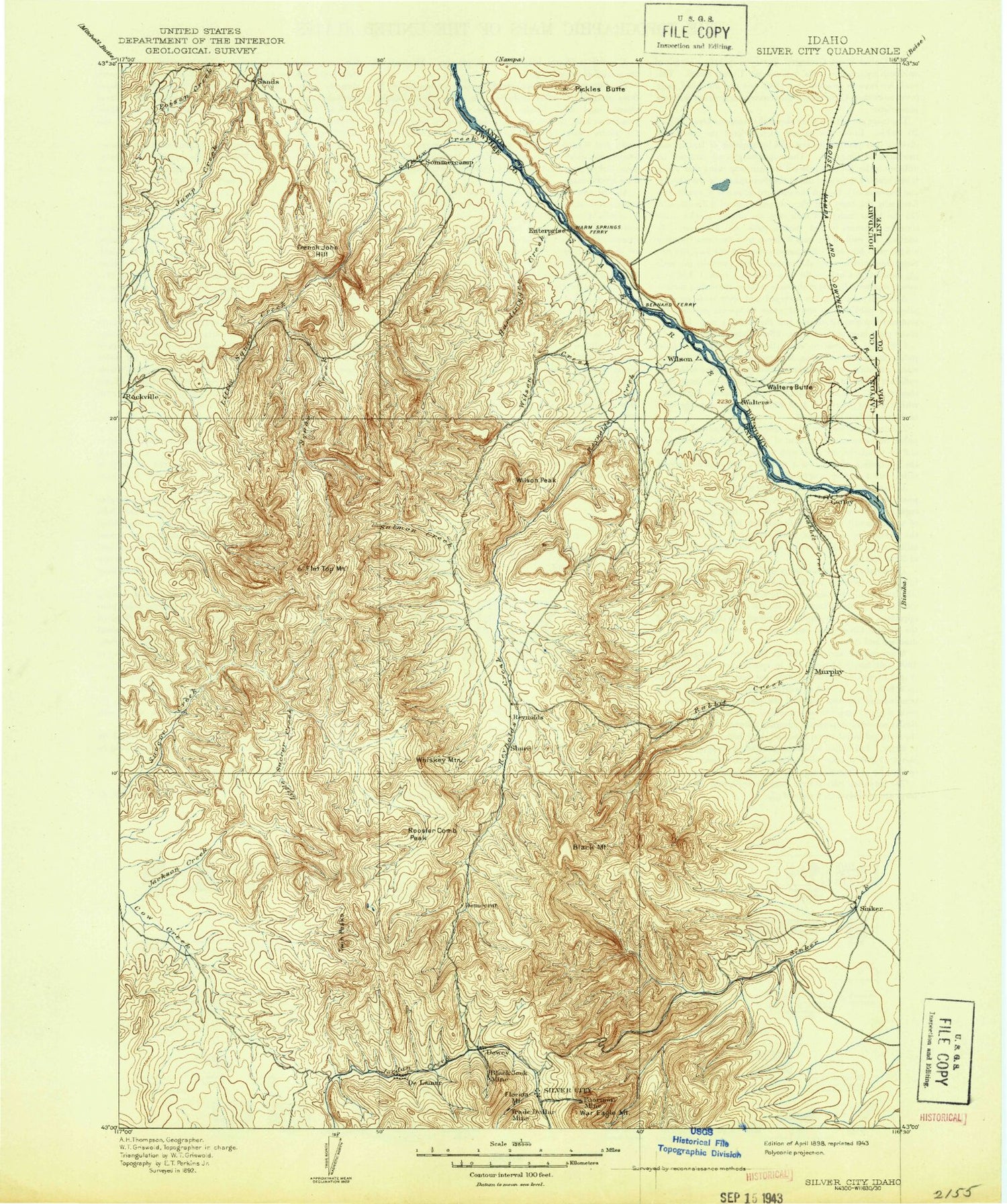 Historic 1898 Silver City Idaho 30'x30' Topo Map Image