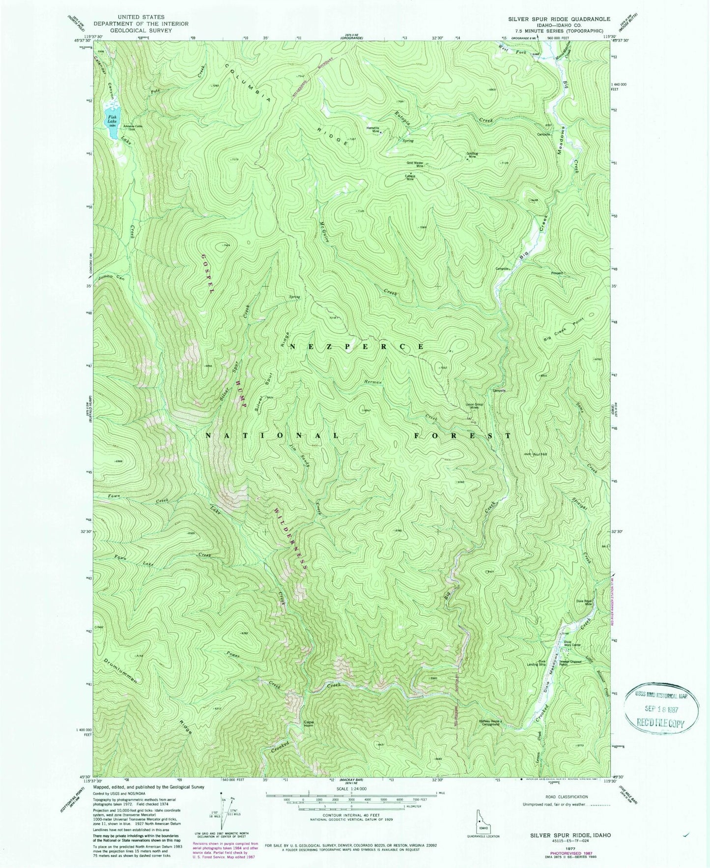 Classic USGS Silver Spur Ridge Idaho 7.5'x7.5' Topo Map Image
