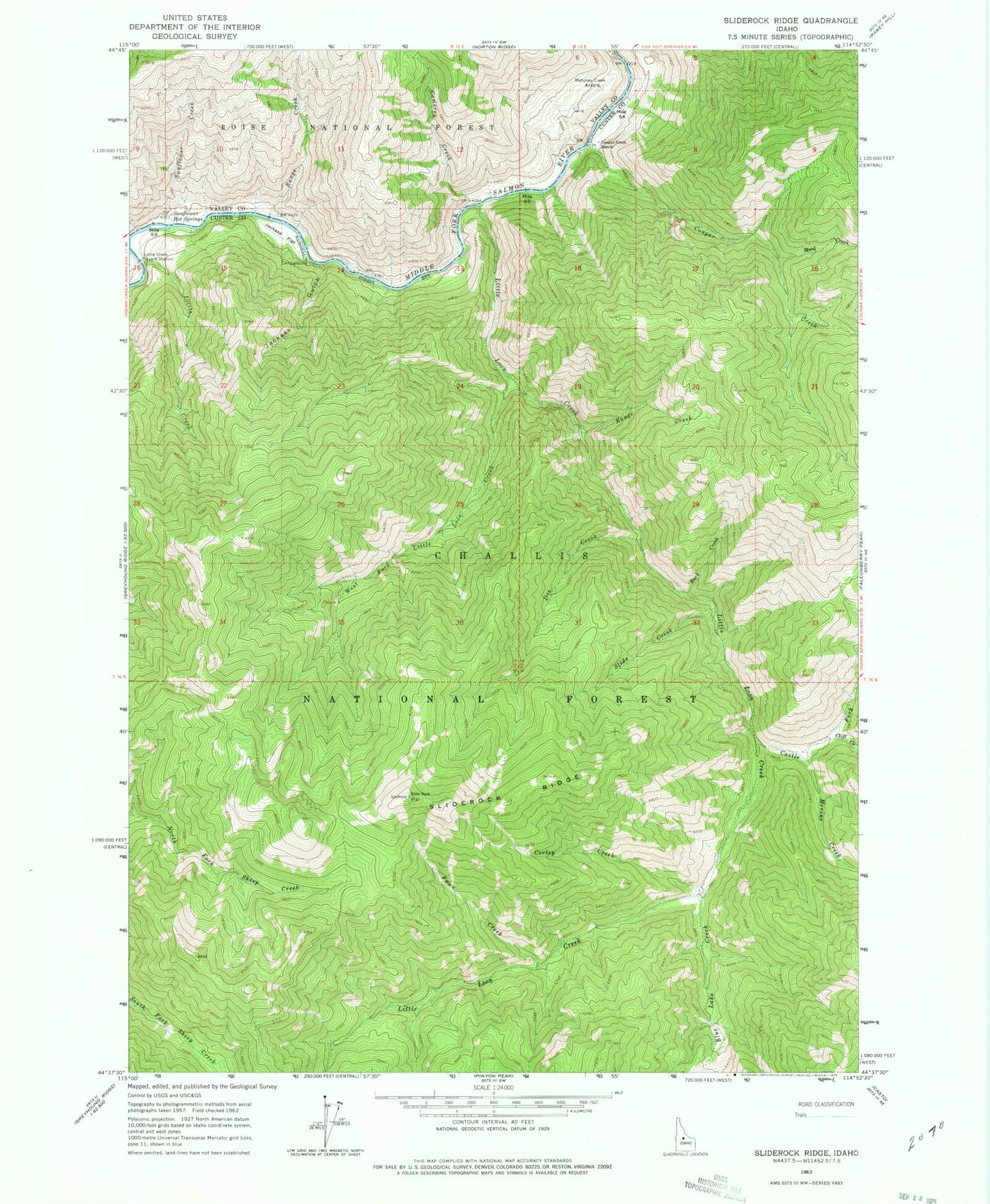 Classic USGS Sliderock Ridge Idaho 7.5'x7.5' Topo Map Image
