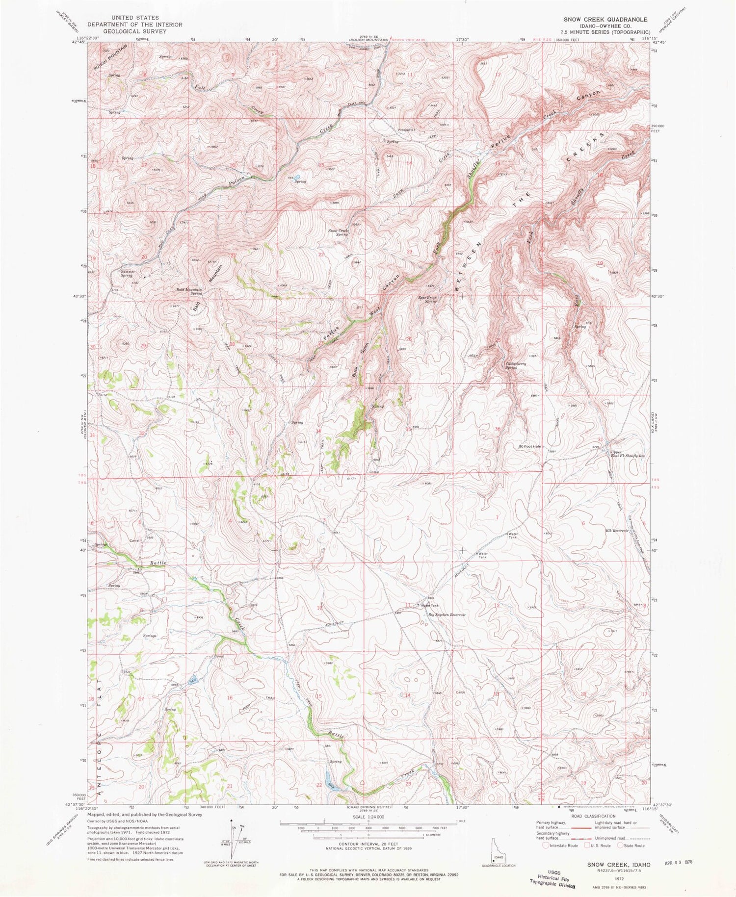 Classic USGS Snow Creek Idaho 7.5'x7.5' Topo Map Image