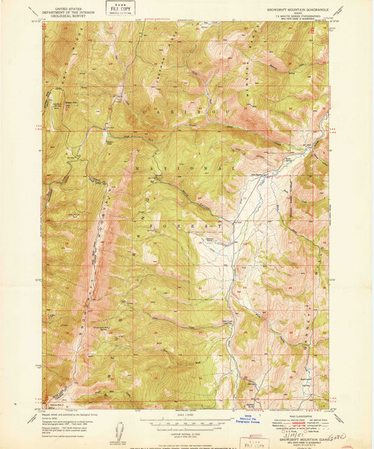 Classic USGS Snowdrift Mountain Idaho 7.5'x7.5' Topo Map Image