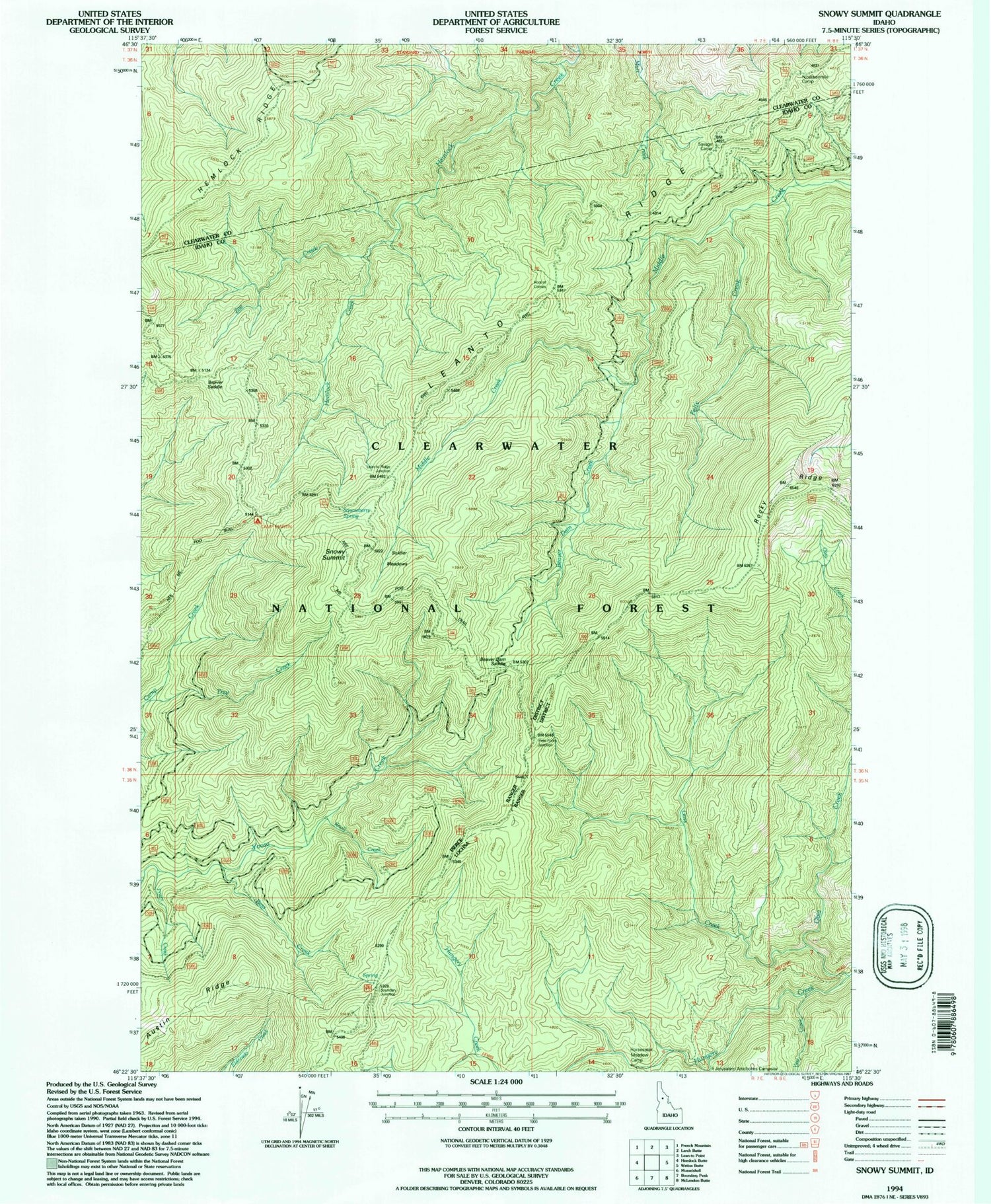 Classic USGS Snowy Summit Idaho 7.5'x7.5' Topo Map Image