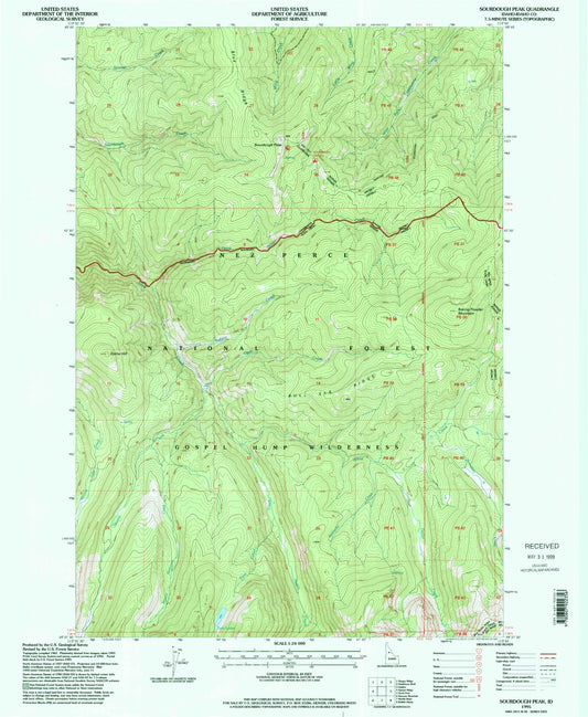 Classic USGS Sourdough Peak Idaho 7.5'x7.5' Topo Map Image