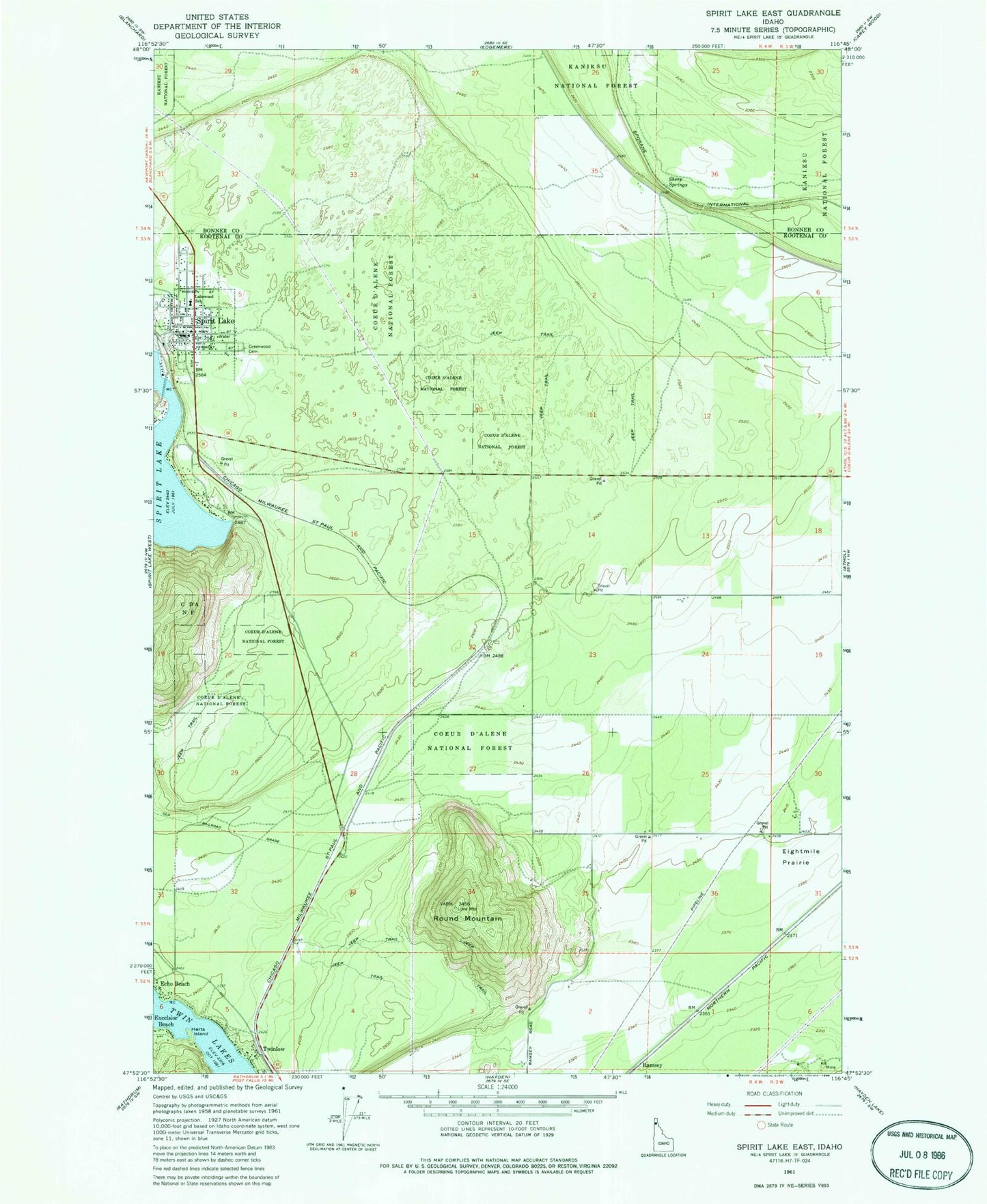 Classic USGS Spirit Lake East Idaho 7.5'x7.5' Topo Map Image