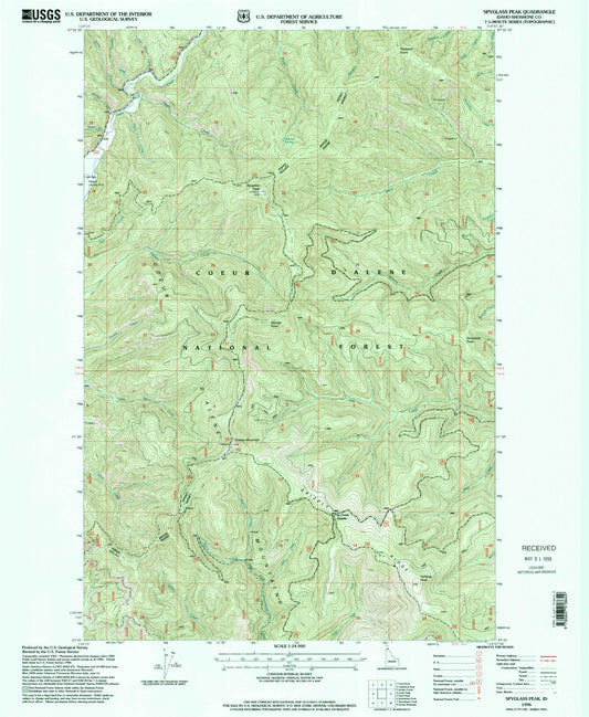 Classic USGS Spyglass Peak Idaho 7.5'x7.5' Topo Map Image